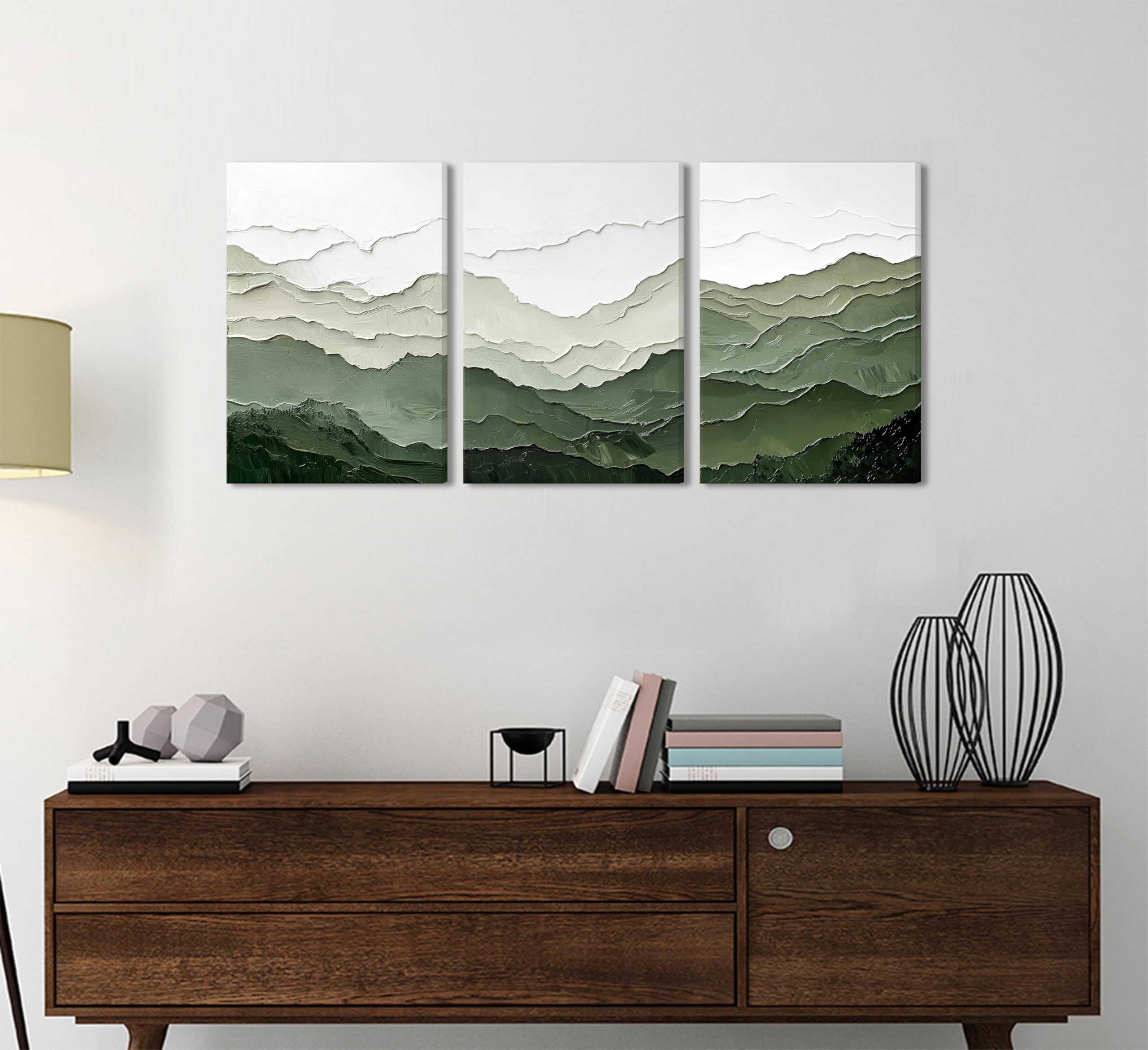 3pcs abstract green mountains canvas wall art modern minimalist picture wall decor green white mid century sage green poster print artwork for living room bedroom home decoration 2d untextured
