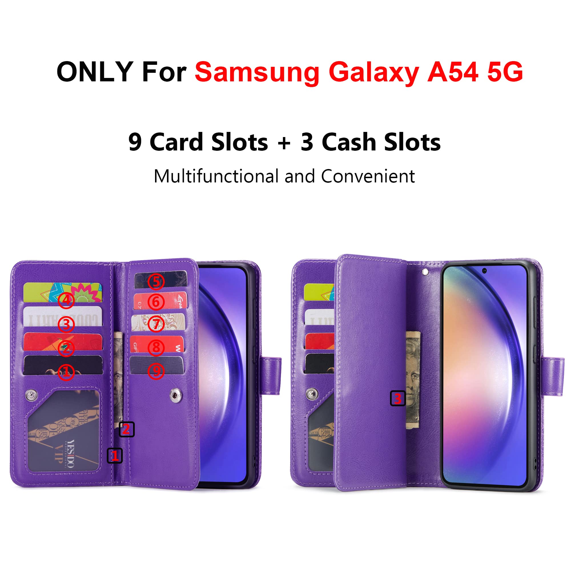 Varikke for Galaxy A54 5G Case, Detachable Magnetic for Samsung Galaxy A54 5G Wallet Case with Card Holder Kickstand Wrist Strap Glitter PU Leather Flip Phone Case Women for Samsung A54, Dark Purple