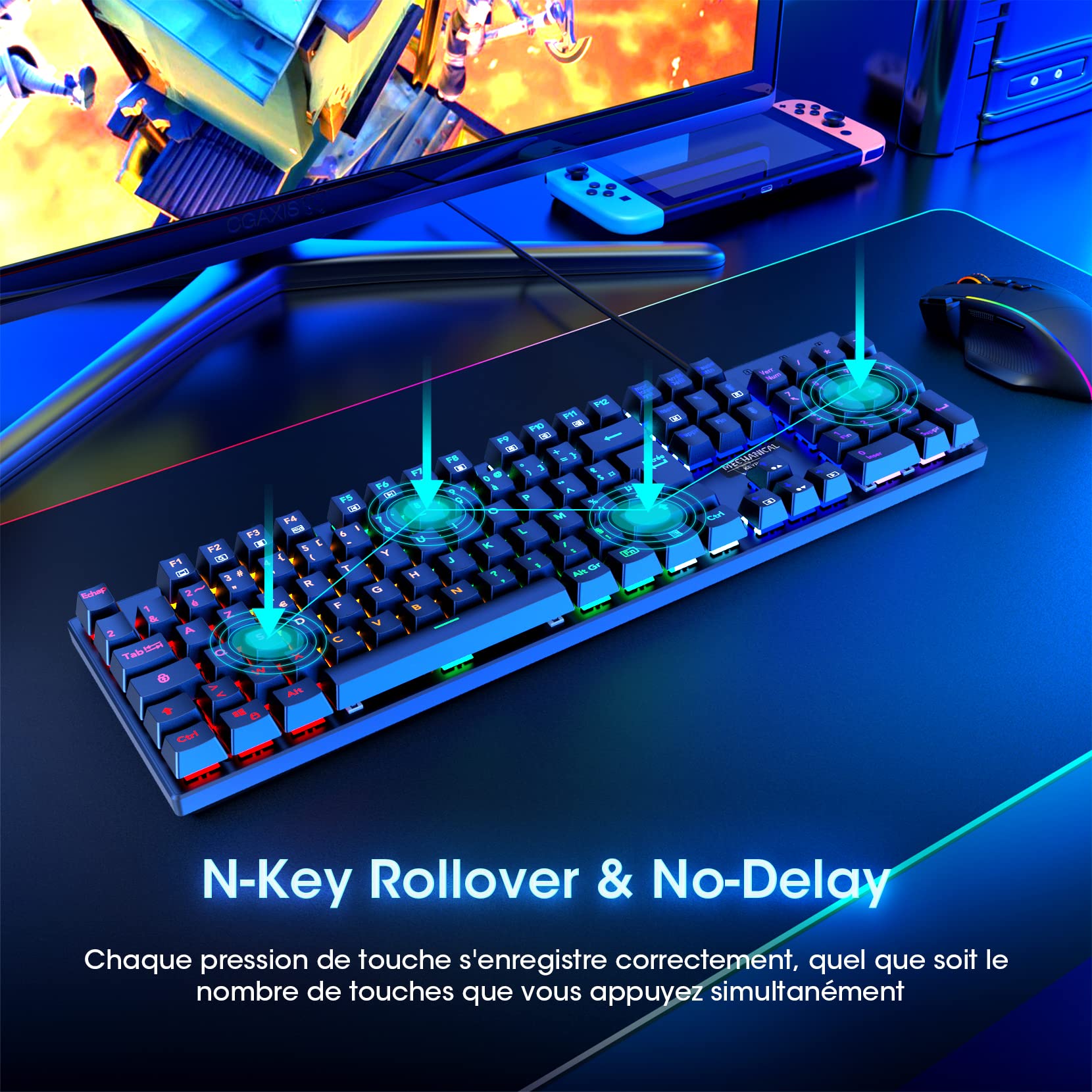 RisoPhy Clavier Gamer Mécanique,Clavier Gaming RVB Ultra Fin avec Blue Switches,Touches ABS Durables/Anti-Ghosting/Résistant aux Éclaboussures pour PC Mac Xbox Gamer-Nouveau 2023