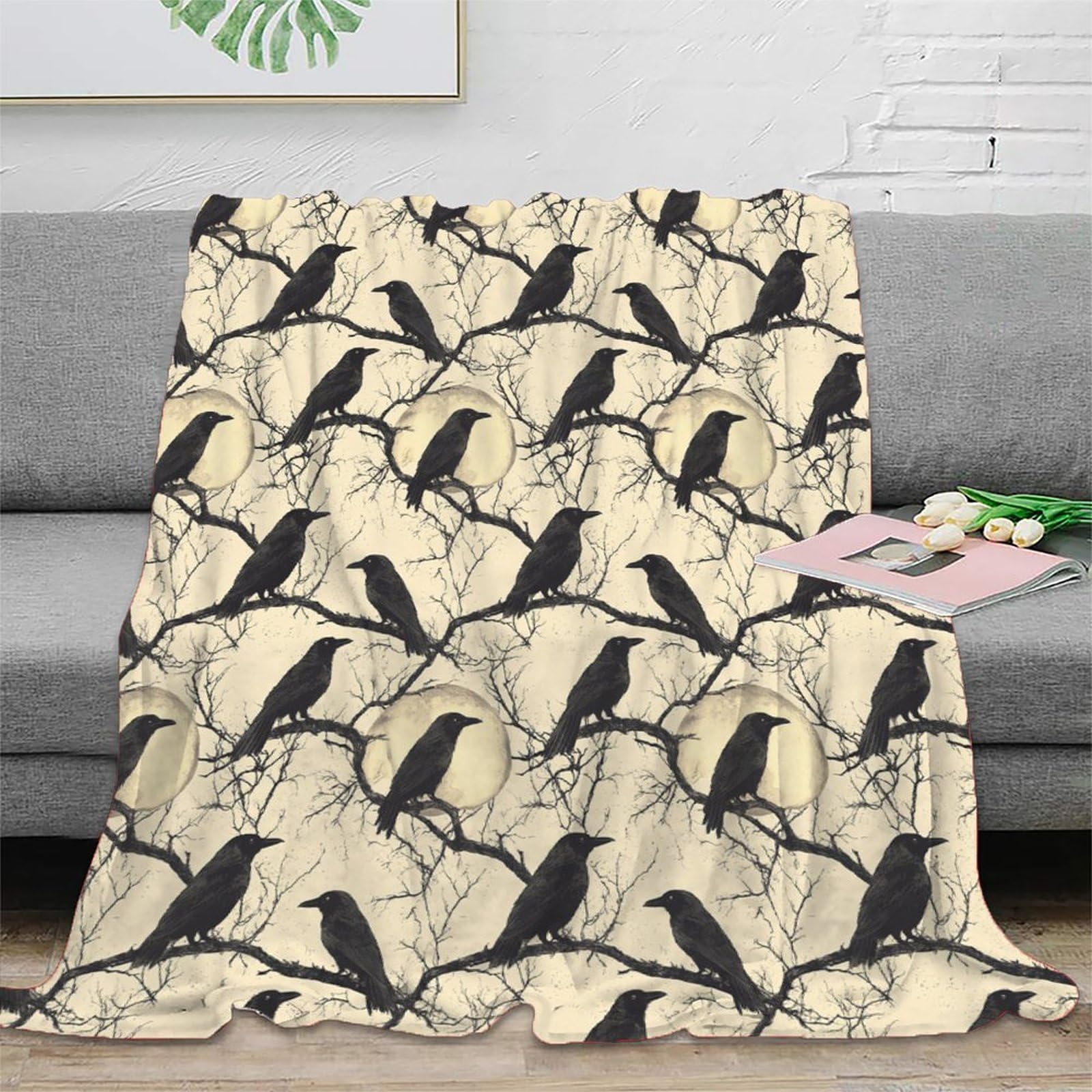 Phqazwsxe Xu51lbu0qdyo 3D Printed Black Crows Cozy Throw Blanket Microfiber Warm Soft Bedding Cosy Gothic Night Scene Throw Blanket Lightweight All Season For Dorm Dwellers University Students 50X60inch(127X152cm)