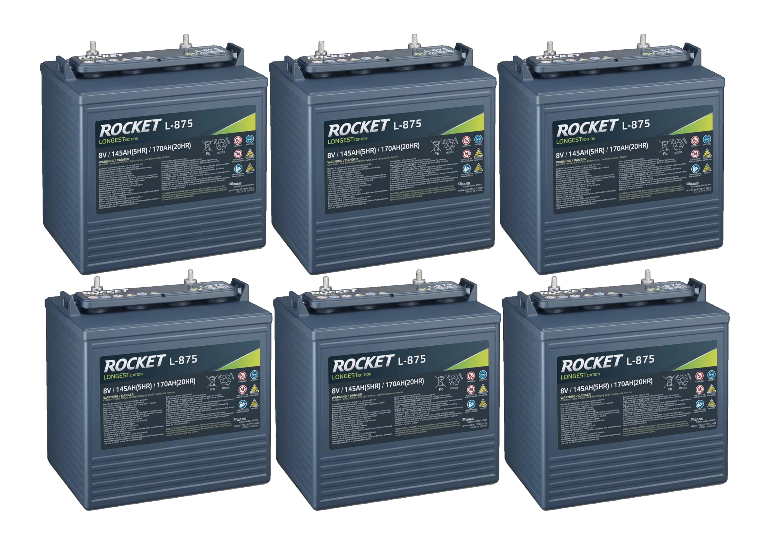ROCKETL-875 170Ah 8V Golf Cart Battery - Replaces Trojan T-875 (Set of 6)