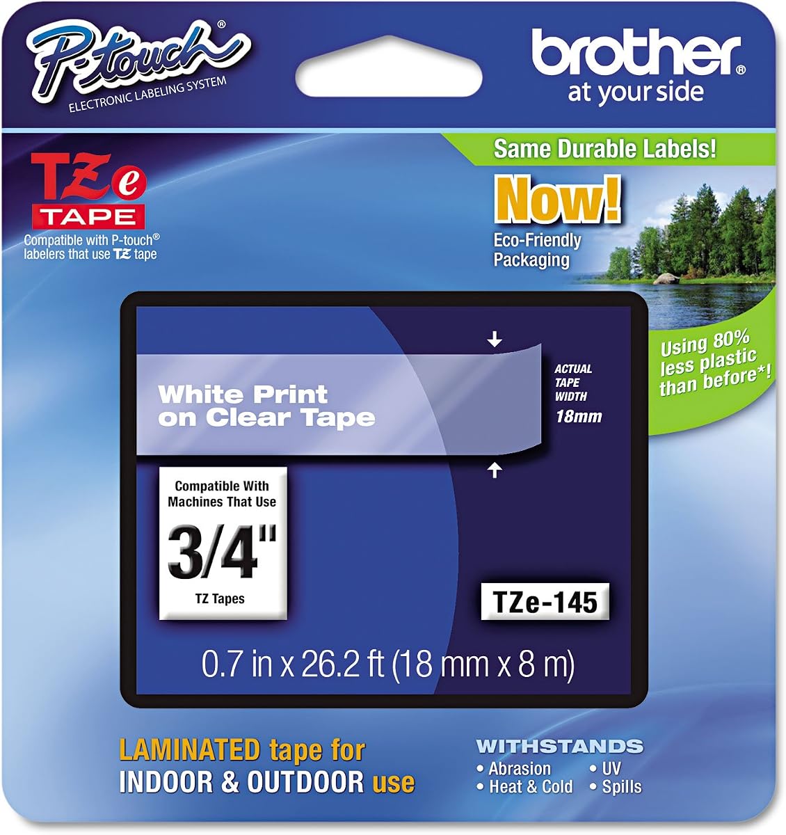 Brother P-Touch TZE145 - TZe Standard Adhesive Laminated Labeling Tape, 3/4w, White on Clear-BRTTZE145
