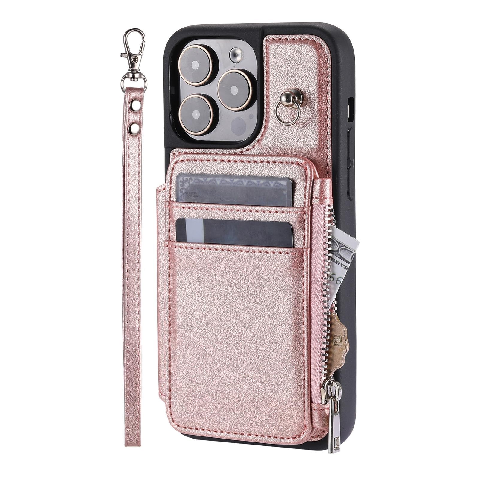 Genérico Funda para iPhone 16 Pro Max/16 Pro/16 Plus/16, Funda Piel Suave Al Tacto Funda con Ranura para Tarjetas Y Correa para La Muñeca, Resistente A Los Golpes Carcasa(Pink,16)