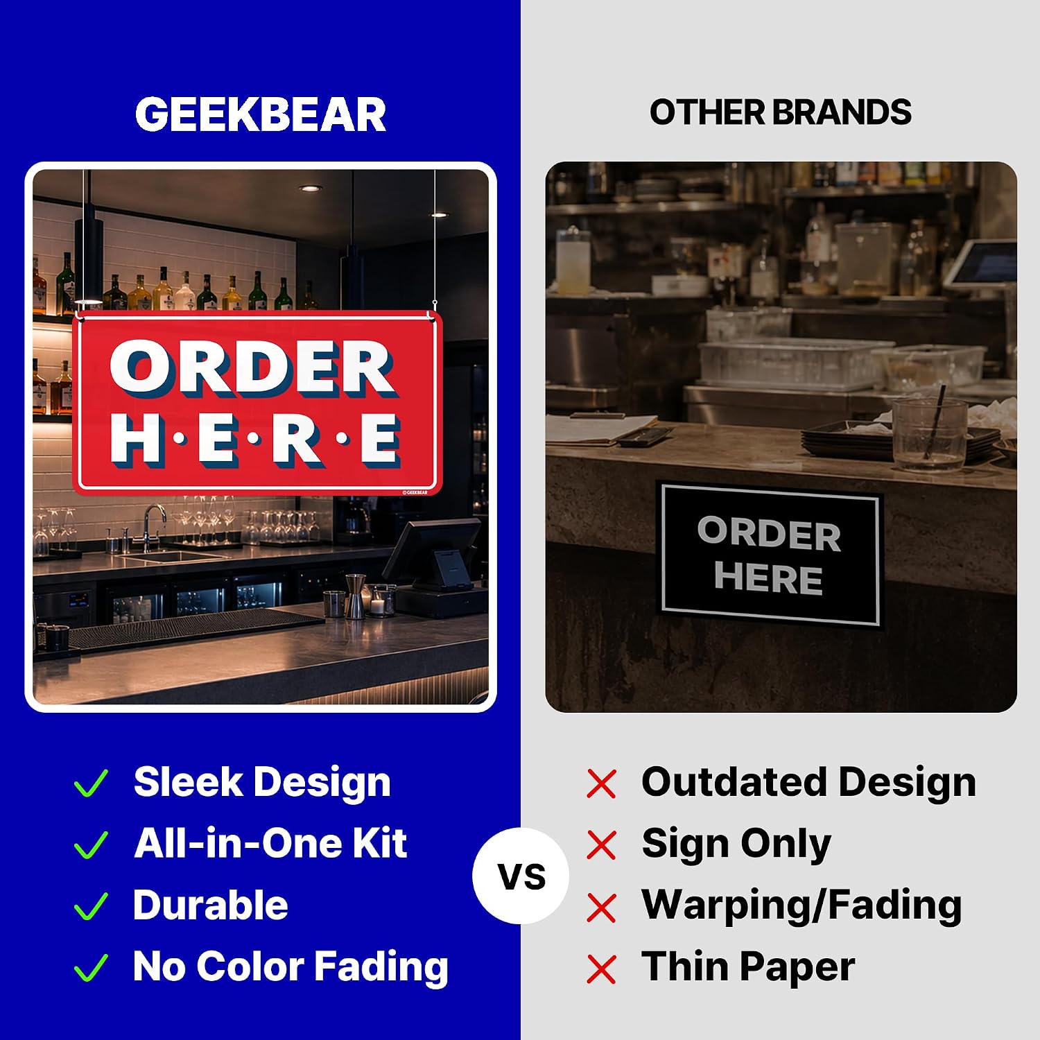 GEEKBEAR Order Here and Pick Up Here Signs (White) - 2 Pack, 12" x 6" - Premium, Non-Fading Design with Special Hanging Hooks - Perfect for Restaurants, Cafes, and Bars - Made of Durable Acrylic