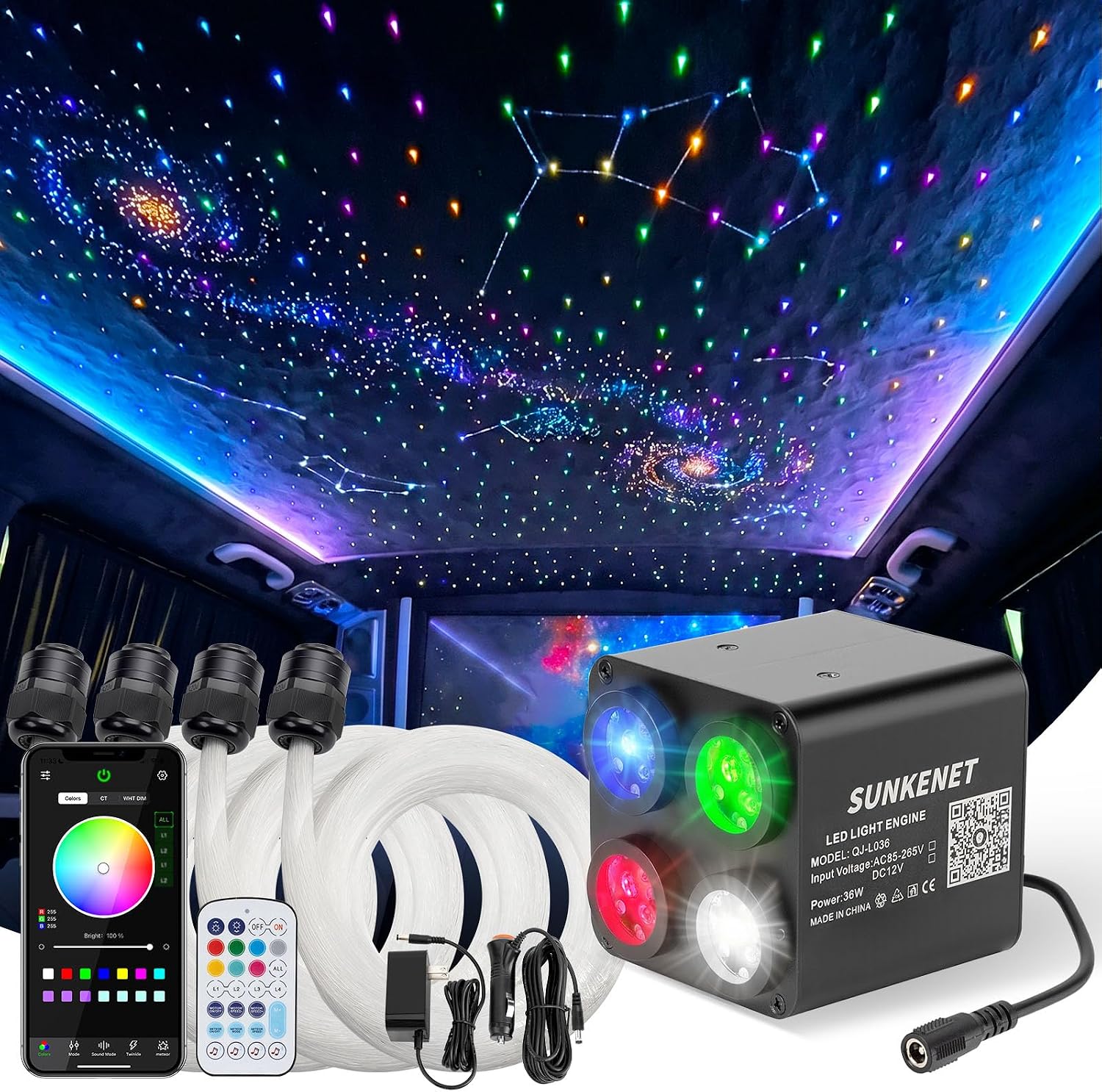 36W RGBW Starlight Headliner Kit, 900pcs of (0.03+0.04+0.06in)*13.1ft for Car/Home Ceiling, Fiber Optic Lights with Bluetooth APP/Remote Control/Music Effect
