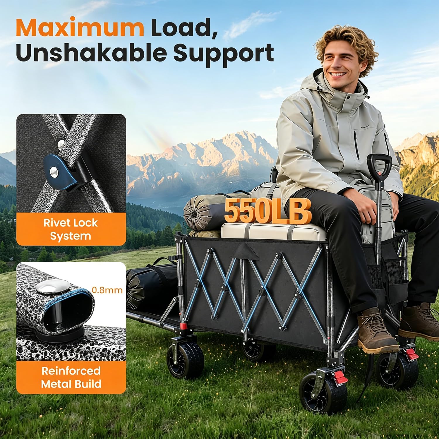 YEAUPE PRO Bollerwagen faltbar mit Feststellbremse, 66L 50kg, Faltbarer Bollerwagen aus 4 Richtungen, Höhenverstellbarer Griff & Seitenöffnung für Garten, Camping, Strandwagen & Einkaufen, Schwarz