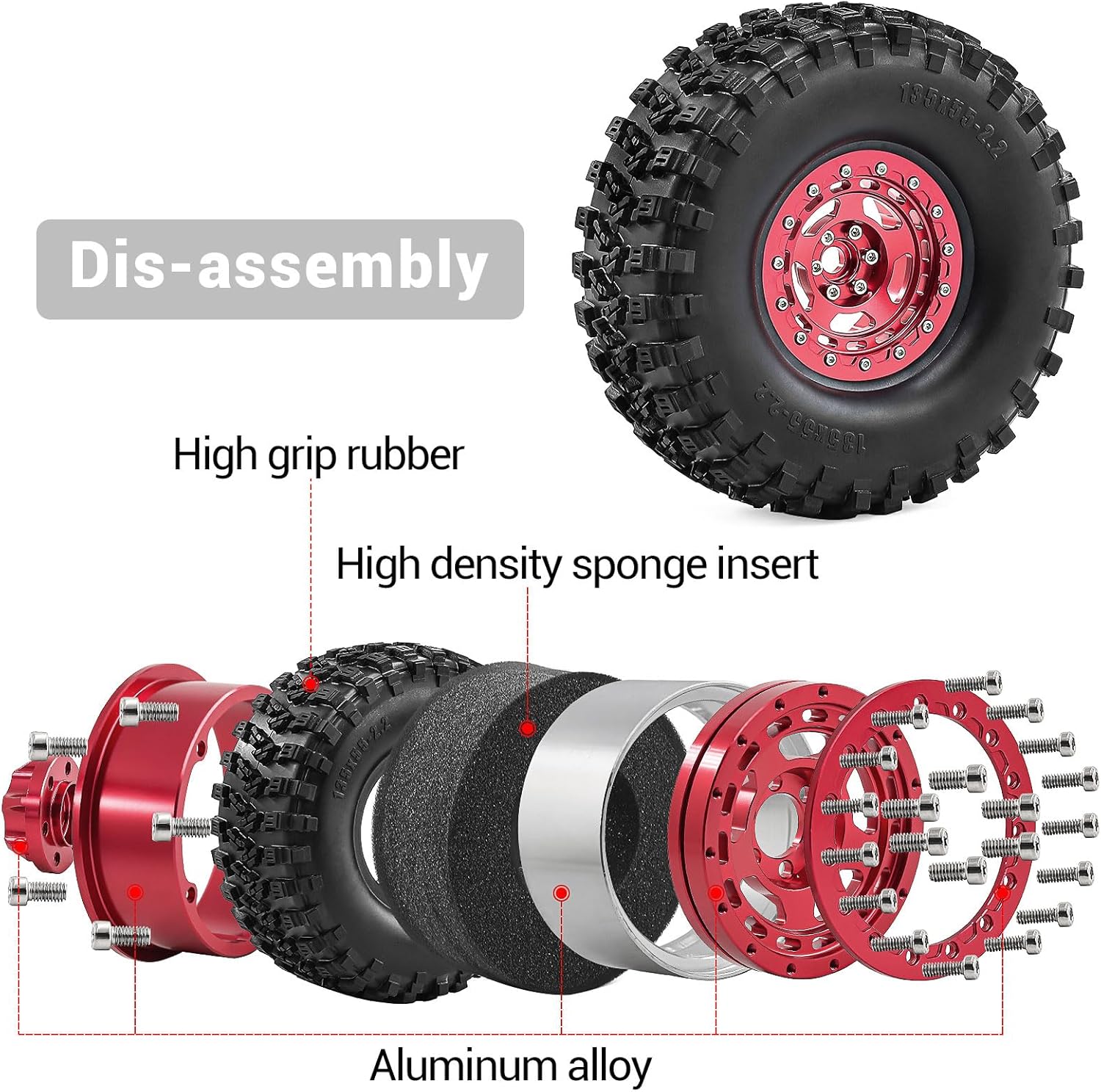 2.2" Beadlock Wheels and Tires 135mm (5.31in) for SCX10 RBX10 Wraith TRX4 1/10 RC Crawler Upgrade Parts (Red, 4pcs)