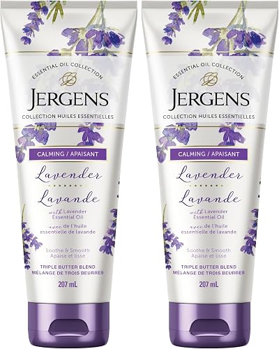 Jergens Calming Lavender Triple Butter Blend Body Butter | ultra-hydrating blend of Shea, Cocoa, and Mango butters | with Lavender Essential Oil | Deeply nourishing body lotion | 207 mL (Pack of 2)