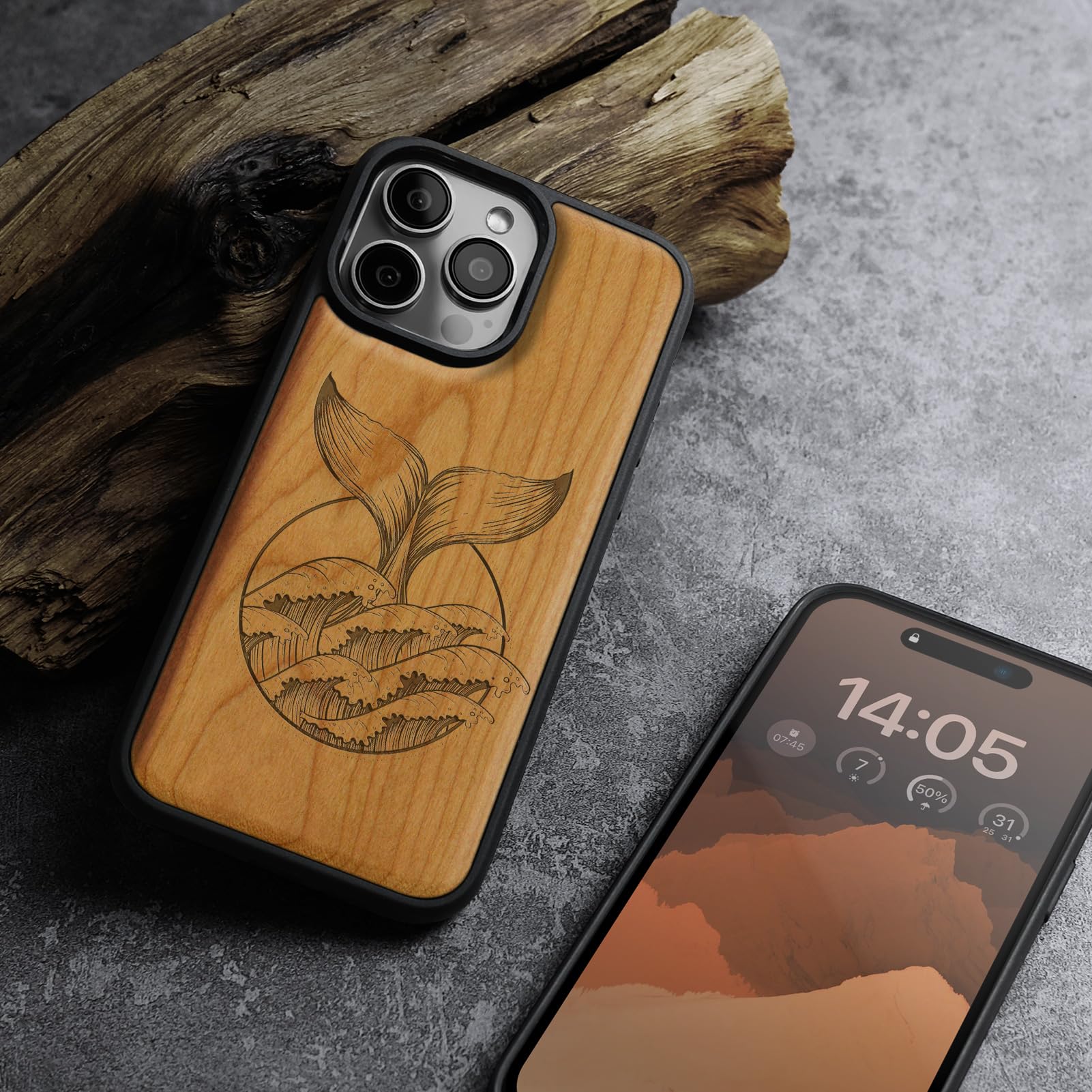 Carveit Magnetic Wood Case For IPhone 12 Mini Case [Natural Wood & Black Soft TPU] Shockproof Protective Unique Wooden Cover Compatible With MagSafe (The Grim Reaper Of Carved -Rosy