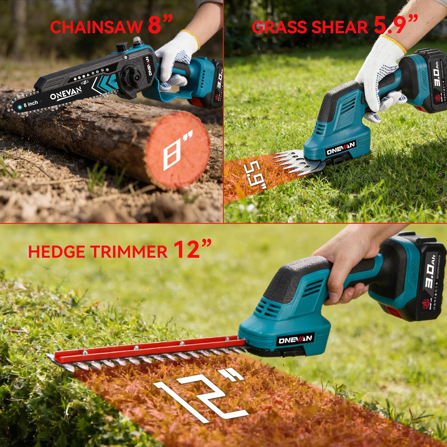 6-in-1 Cordless Pole Saw & Hedge Trimmer, Electric Chainsaw with 2×3.0 Ah Batteries, Pole Saws for Tree Trimming, Bush Trimmer Branch Cutter, Grass Shears, 14Ft Long Reach