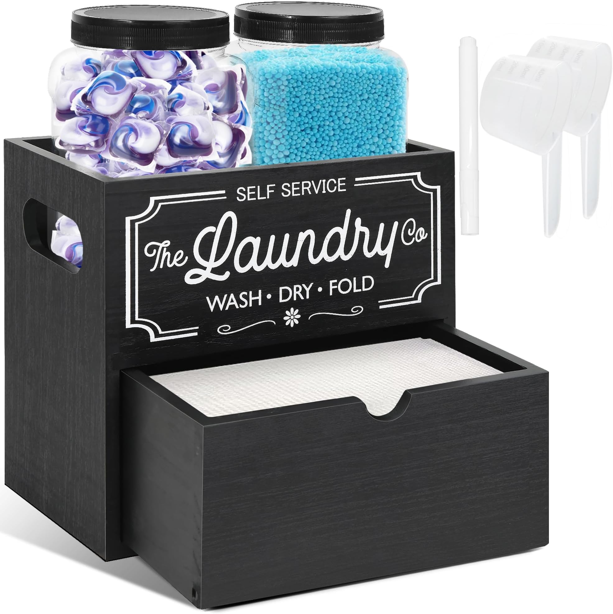 Dryer Sheet Container for Laundry Room Organization, Laundry Pods Container Include 2 Plastic Jars with Lids for Laundry Room Storage, Drying Ball and Laundry Detergent Dispenser, Laundry Room Decor