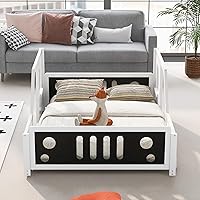 Vista 4 de Merax Cama de plataforma clásica en forma de automóvil con ruedas, marco de cama de automóvil de madera para niños, color blanco
