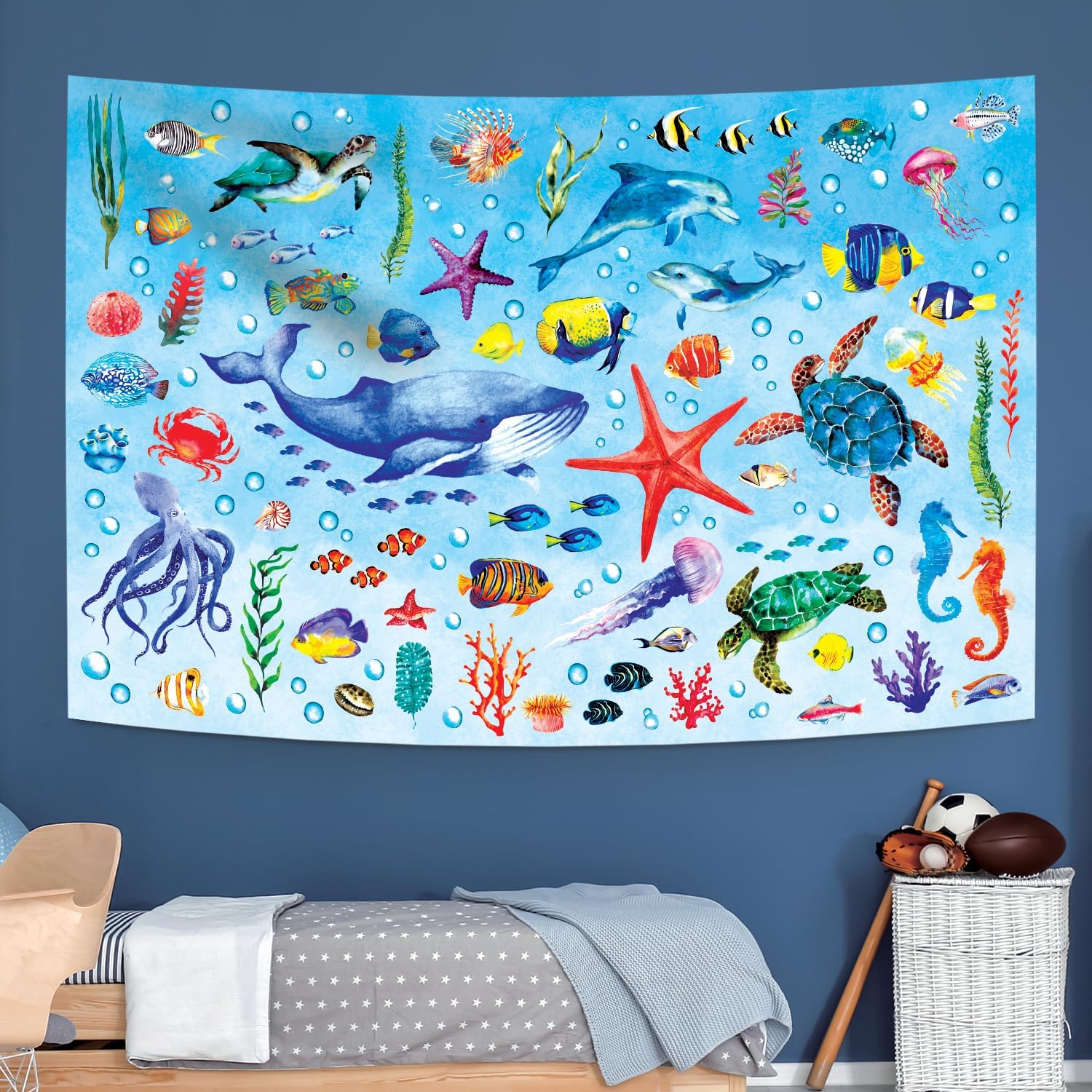 DECOWALL TP-010 Sea Animals Tapestry 60” x 40” (150cm x 100cm) Poster for Kids Educational learning Wall Hanging for Bedroom Living Room Nursery Dorm Home Décor art coral beach nature ocean turtle