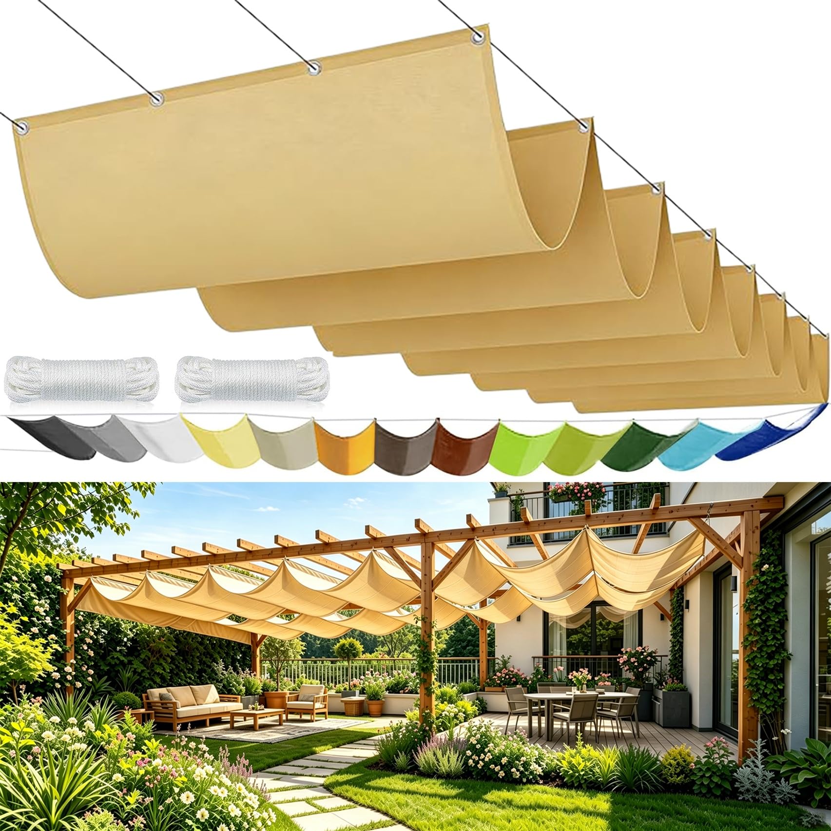 Voile d'ombrage rétractable 360x760cm jaune sable pour terrasse