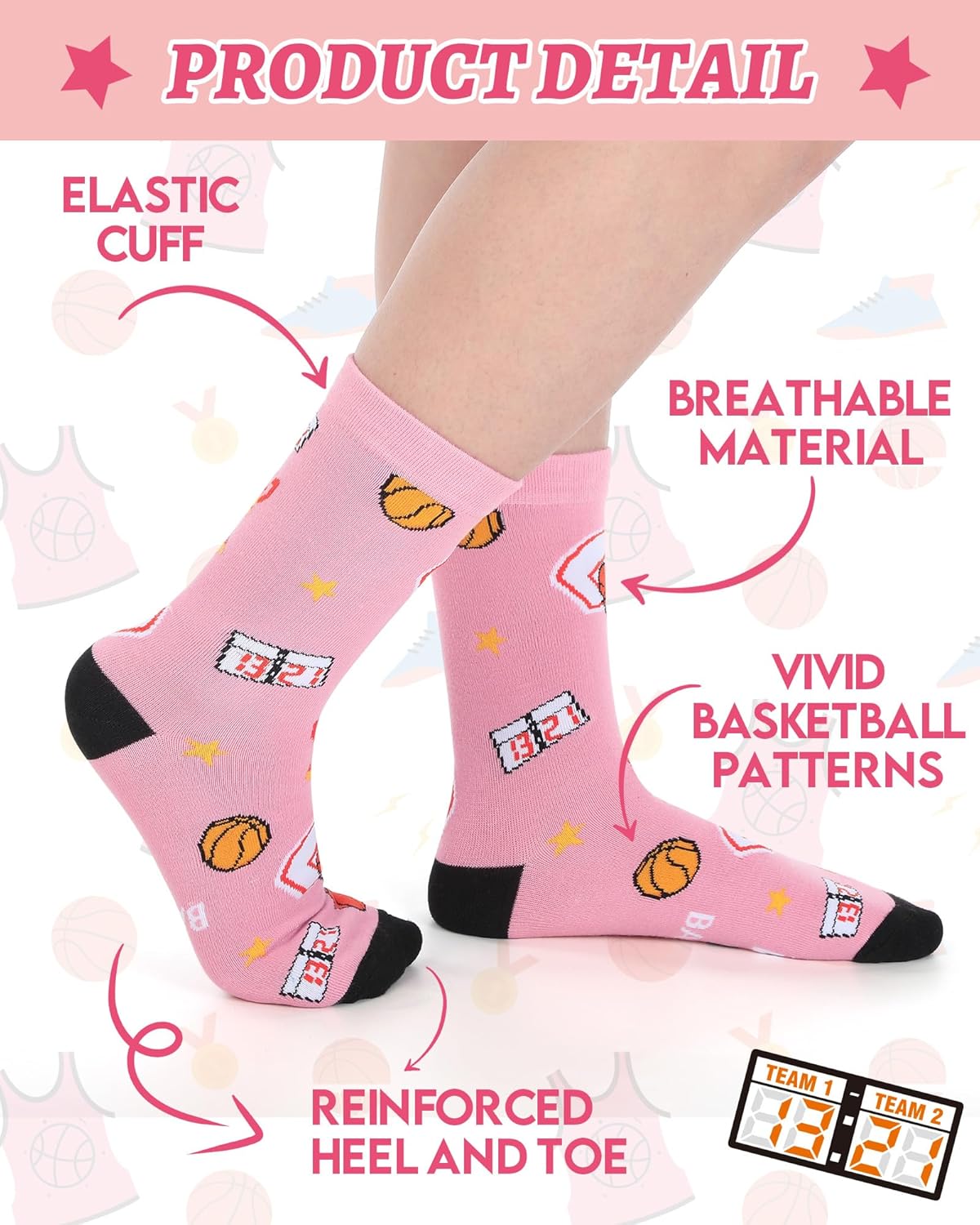 Patelai 6 Pairs Basketball Socks for Women Pink Novelty Funny Crew Sock Sports Senior Night Gifts for Basketball Lovers Players Coach Team Stuff - Image 5