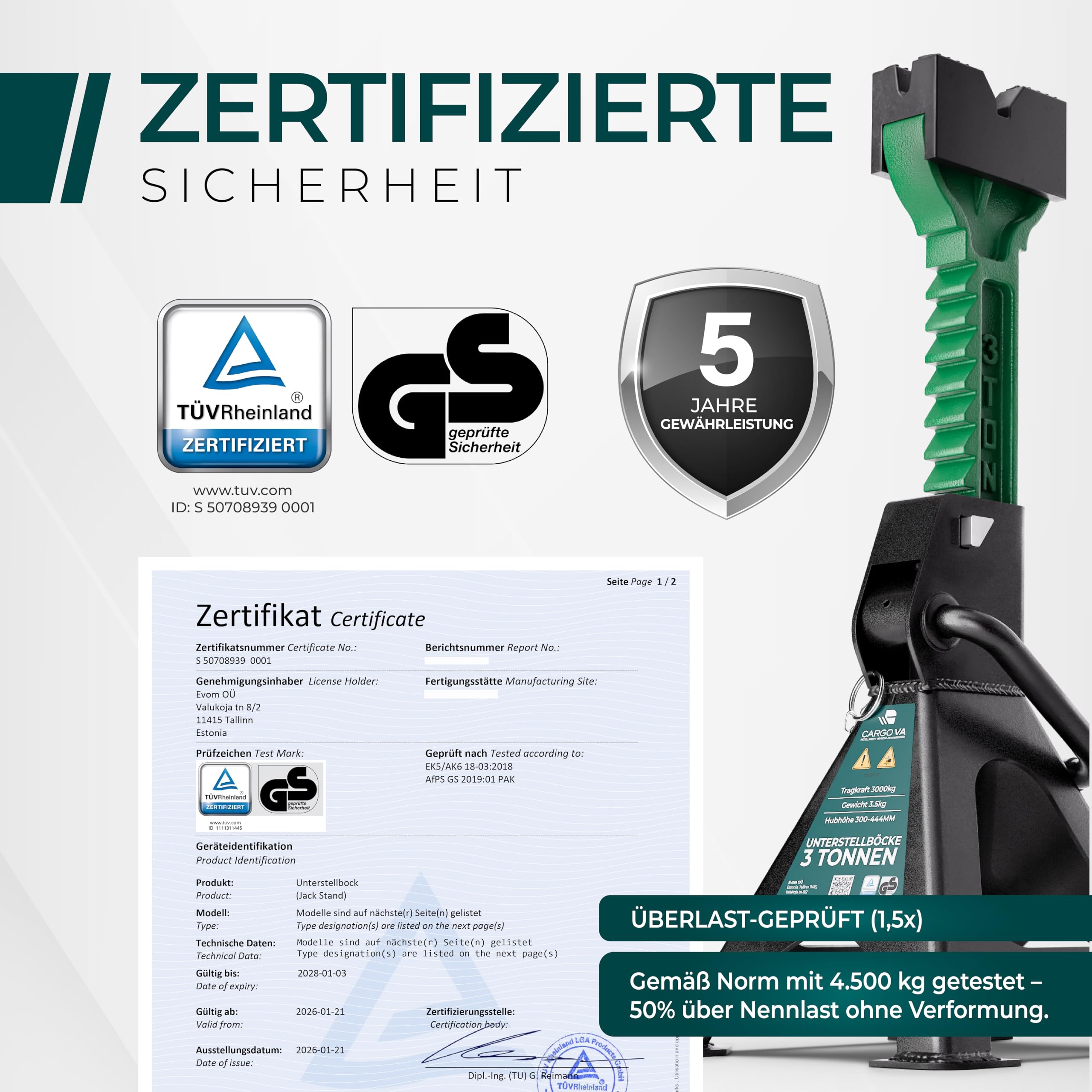 CargoVA® Unterstellbock 3T [2er Set] mit Gummiauflage – TÜV GS Geprüft & Höhenverstellbar (300-444mm) – 3000kg Unterstellböcke KFZ mit Doppel-Sicherung – Auto Böcke für PKW & SUV