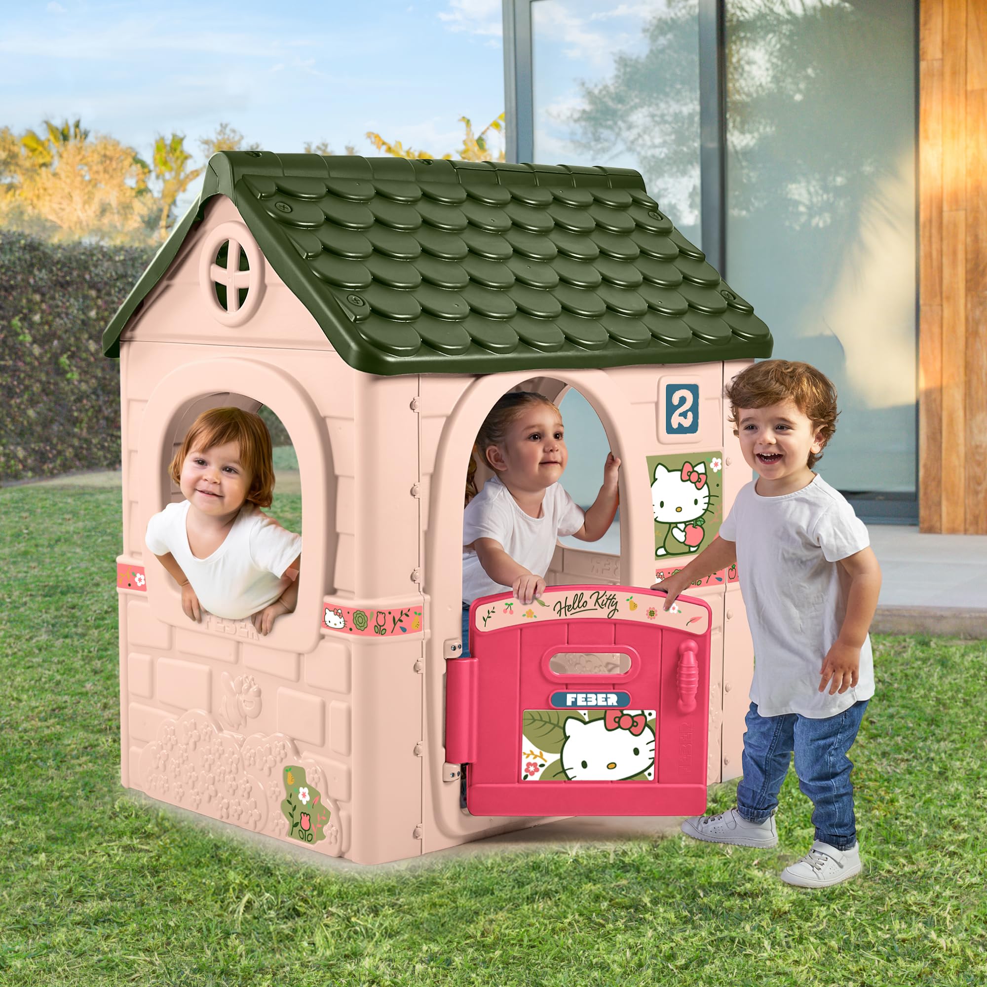 FEBER Hello Kitty House – Casita Infantil Con Puerta Abatible, Pegatinas Para Decorar, Resistente Al Sol, Montaje Fácil, Desde 2 Años