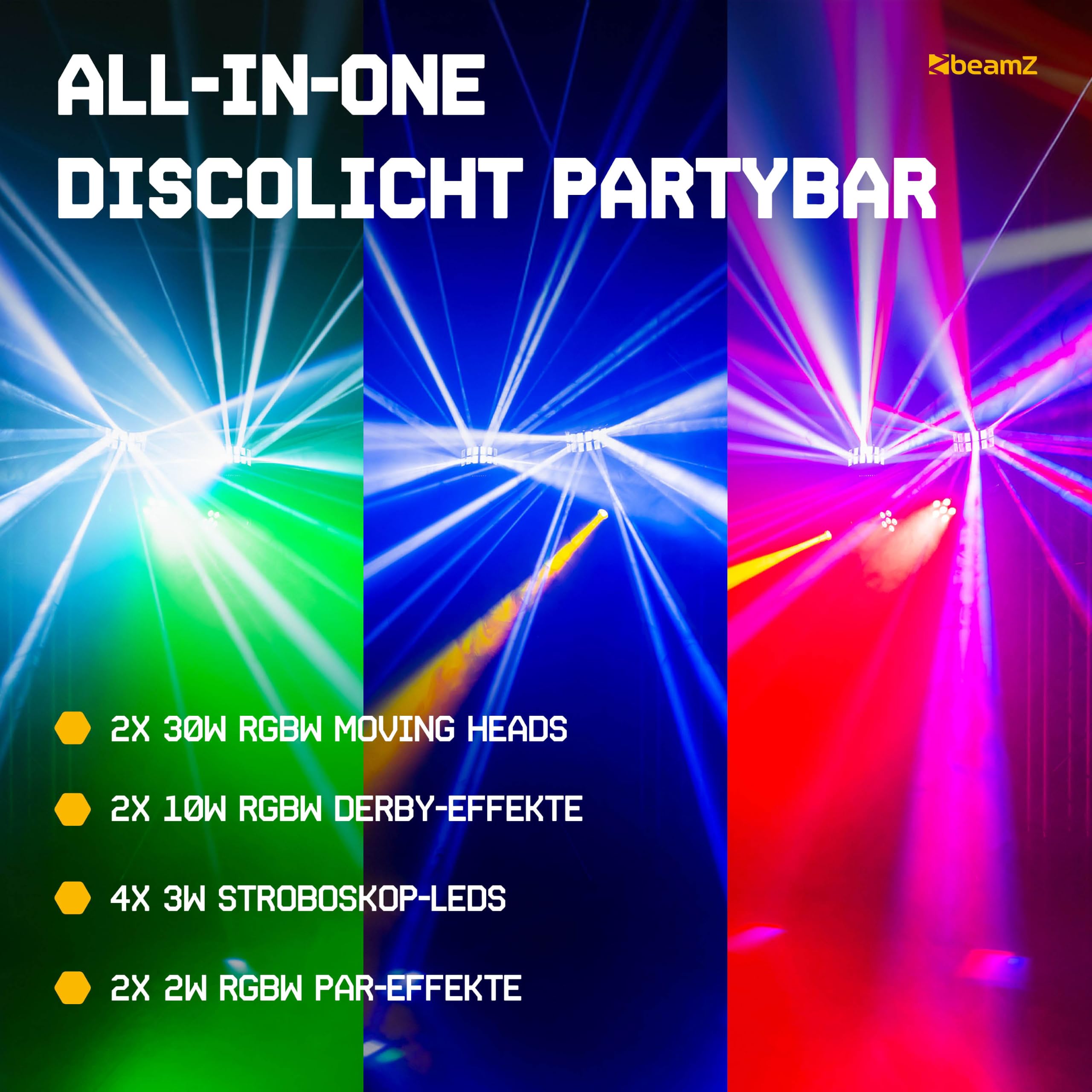 BeamZ ShowBar GO Glow - LED Partybar - 2x Mini Moving Head, 2x Derbys, 2x PAR & Wash Stroboskop - 45 Watt DMX Discolicht Partylicht Anlage, Disco Light DJ Equipment, Musikgesteuert, Fernbedienung