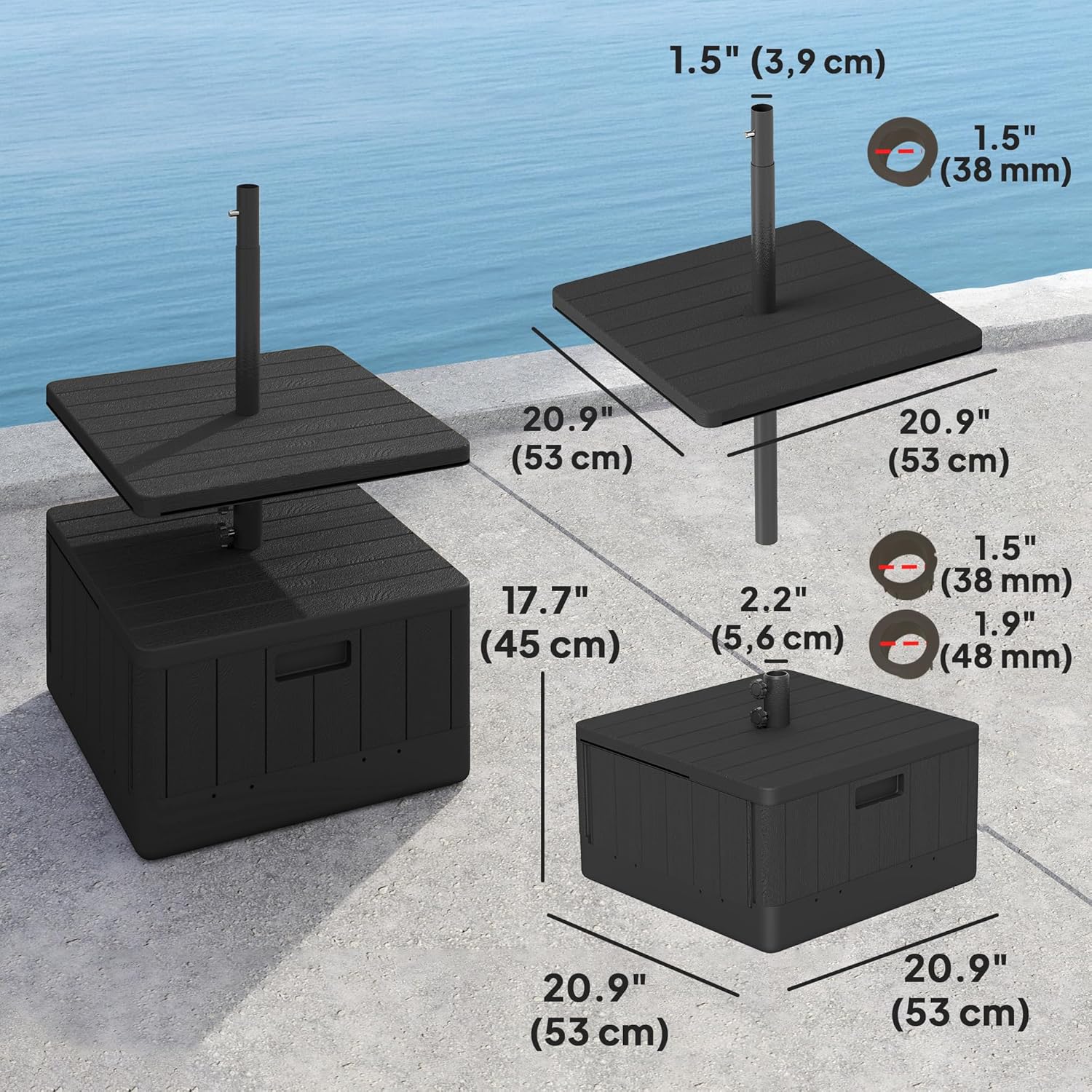 Outsunny 3-in-1 Outdoor Umbrella Base with Table Tray, Coffee End Table, Planter Box with Drain Hole, 175 lbs. Capacity Heavy Duty Fillable Patio Umbrella Stand Table with Wheels and Handles, Black