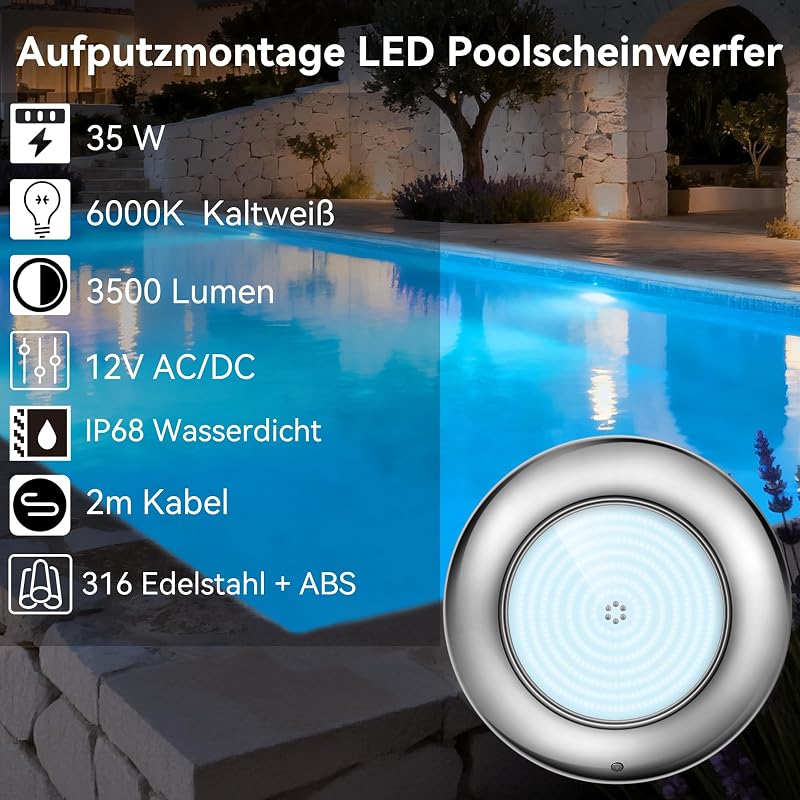 LyLmLe LED medence lámpa 35W, 3500 lm, IP68 vízálló, rozsdamentes acél