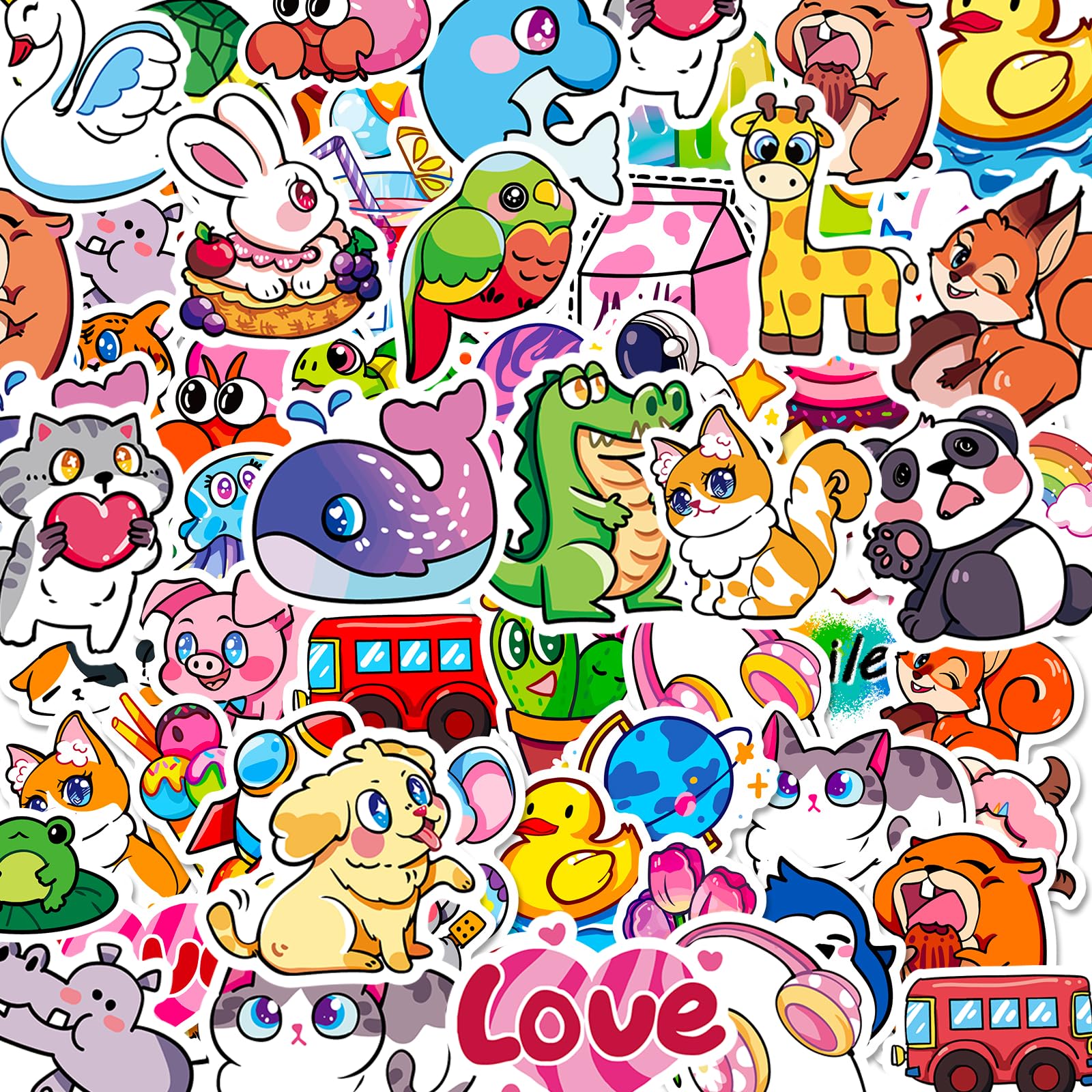 50 PCS Cute Stickers, Mixed Adorable Animal Stickers Bulk, Reusable Waterproof Kawaii Vinyl Sticker for Water Bottles