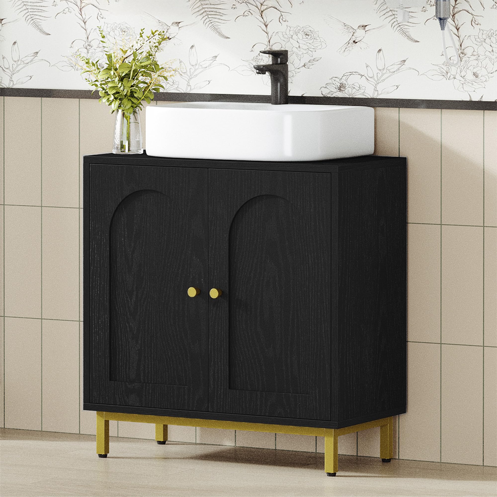Hzuaneri Armario de Baño, Armario del Lavabo, Mueble de Almacenaje, con 2 Puertas, 2 Compartimentos, Balda Ajustable en Altura, Resistente a la Humedad, 30 x 60 x 63 cm, Color Negro BC19104G