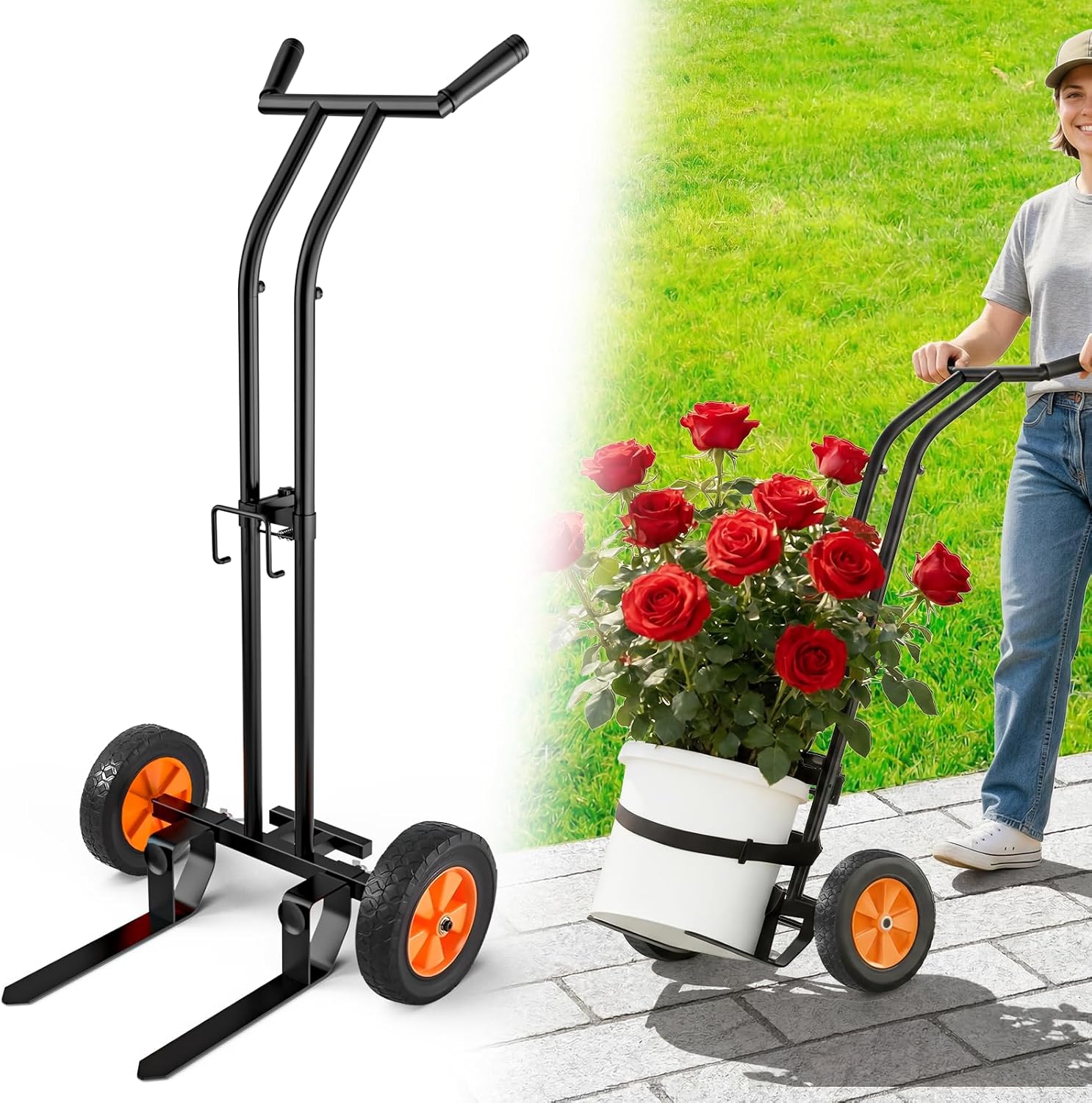Plant Caddy with Wheels, Heavy Duty Plant Dolly Cart with Adjustable Arm and Suction Cups, Easy Lift Garden Pot Mover Trolley with Strap, No-Bend Plant Caddy for Indoor/Outdoor Planters, Black