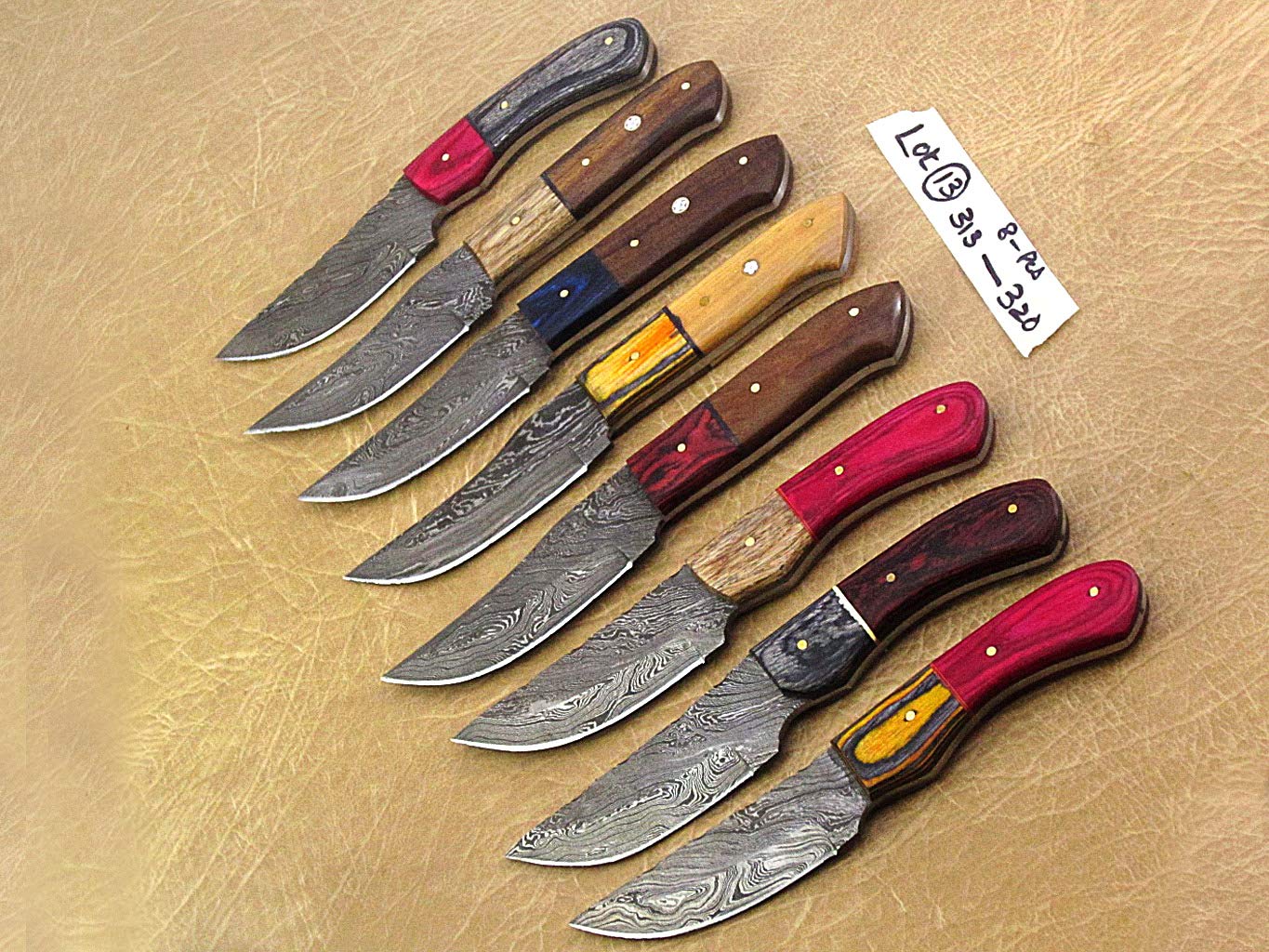 8 pieces lot of Damascus steel skinning knives, Pocket knives with Leather sheath, Camping knife set, hand forged Damascus steel blade