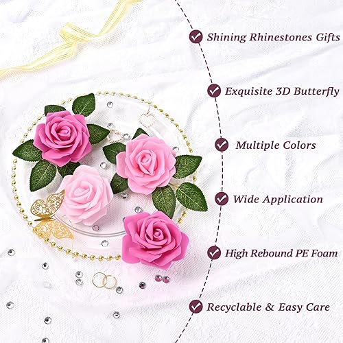Miniatura 7 de Yastouay 200 rosas artificiales rosas de espuma de 3.5 pulgadas, rosas artificiales a granel, sin tallo con diamantes de imitación y mariposa para