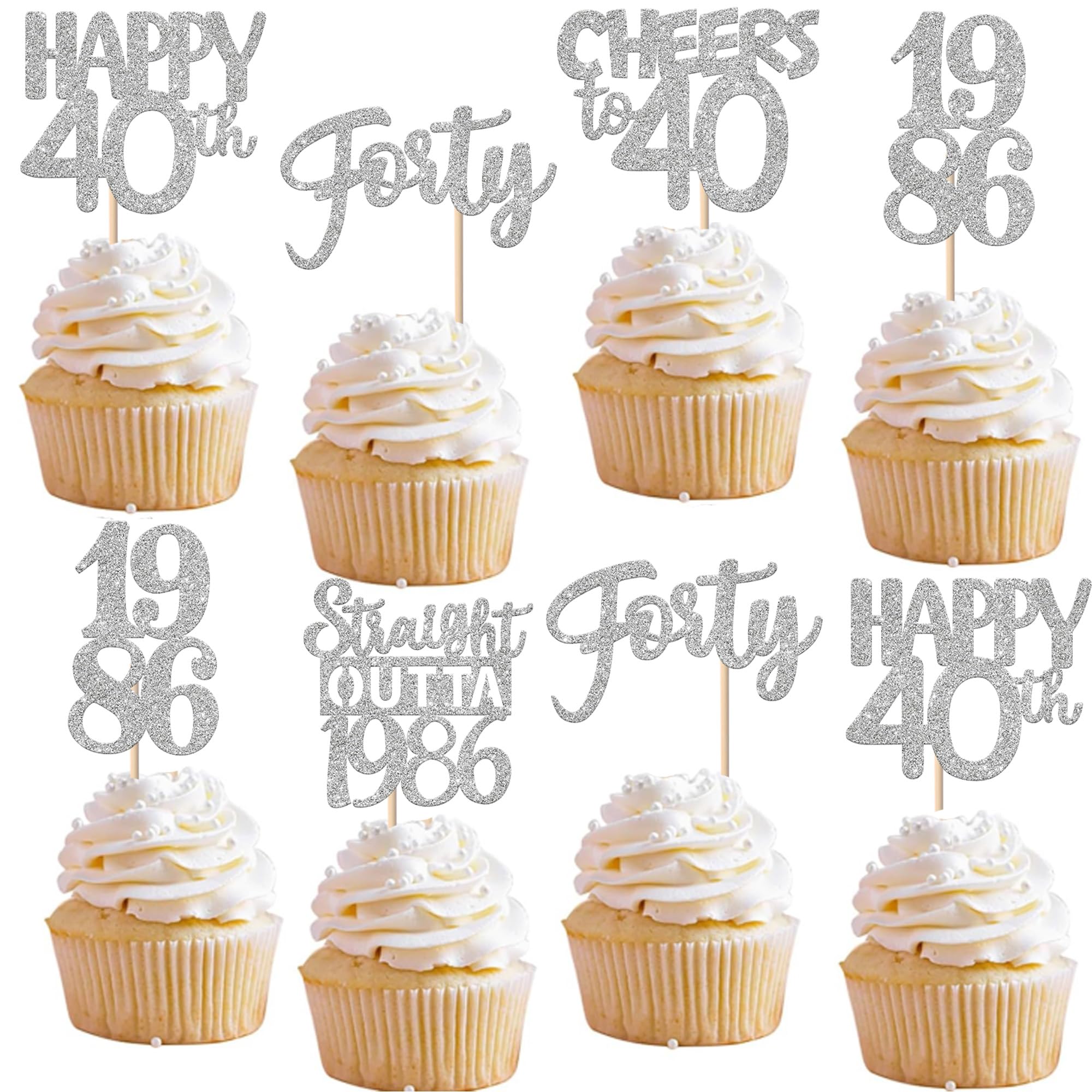 Xsstarmi 30 Pack Happy 40th Birthday Cupcake Toppers Silver Glitter Forty Straight Outta 1986 Cupcake Picks for Cheers to 40 Years 40th Birthday Anniversary Party Cake Decorations