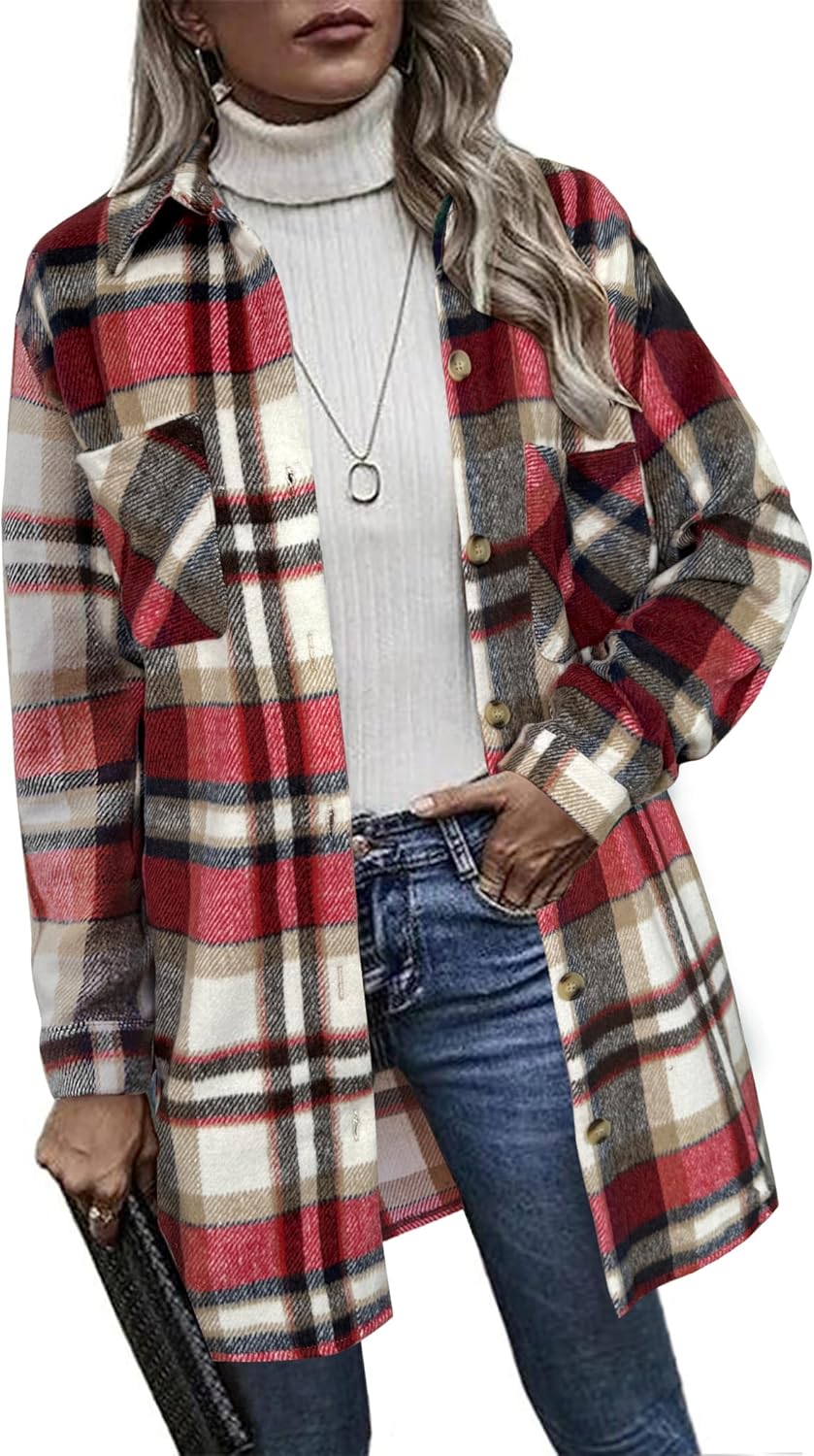 HOTOUCH Womens Flannel Plaid Shacket Jacket Casual Lapel Button Down Tartan Trench Coat Long Sleeve Shirts with Pockets