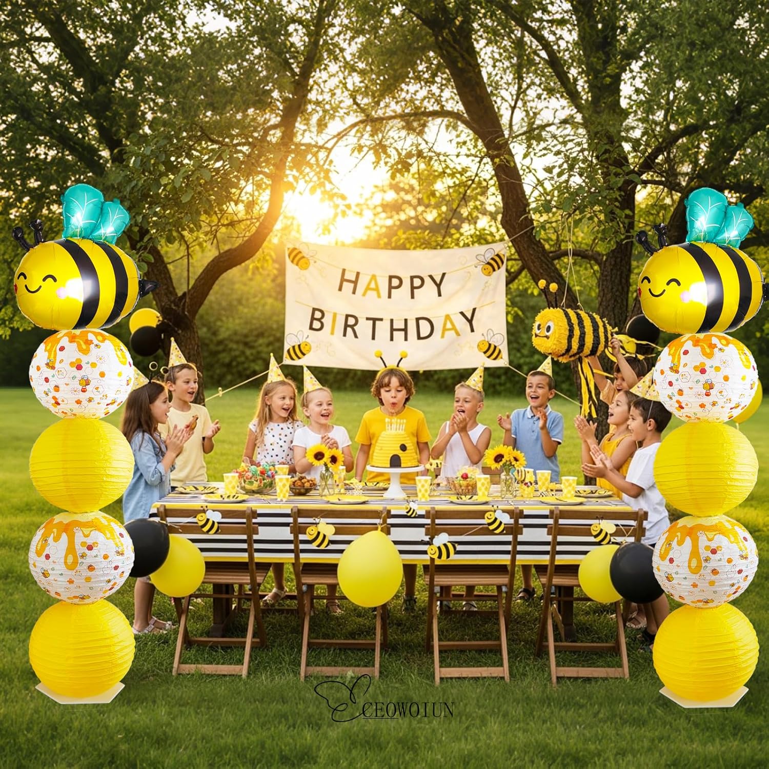 Bee Balloon Column Stand Kit And Paper Lantern 2 Sets 5.5 Feet with Reusable Metal Telescopic Design for Bee Parties, Birthday Decorations