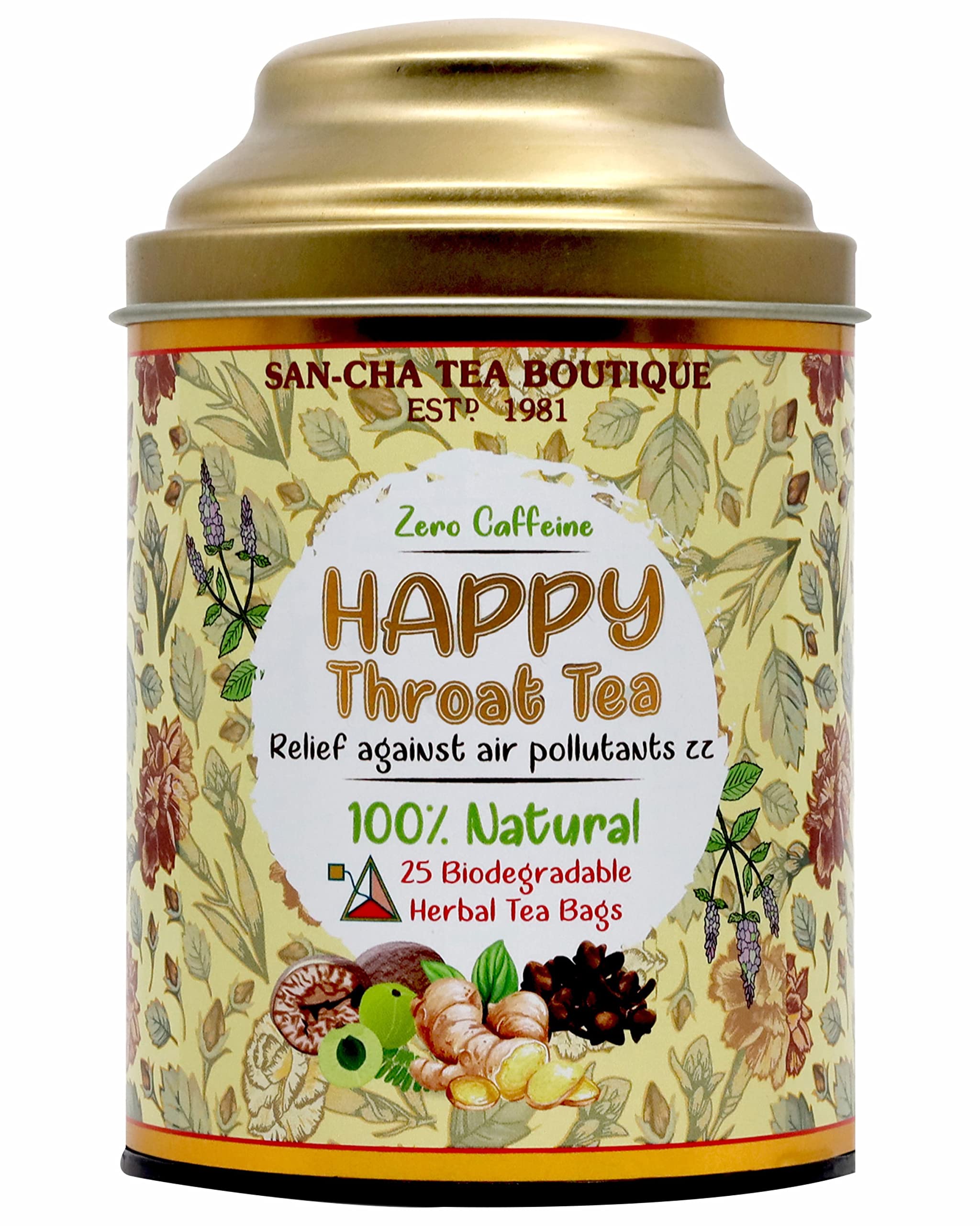 Sancha Tea Boutique, Happy Throat Tea, 25 Pyramid Bags, Caffeine Free Herbal Tisane, Sore Throat Support, Liquourice Blend