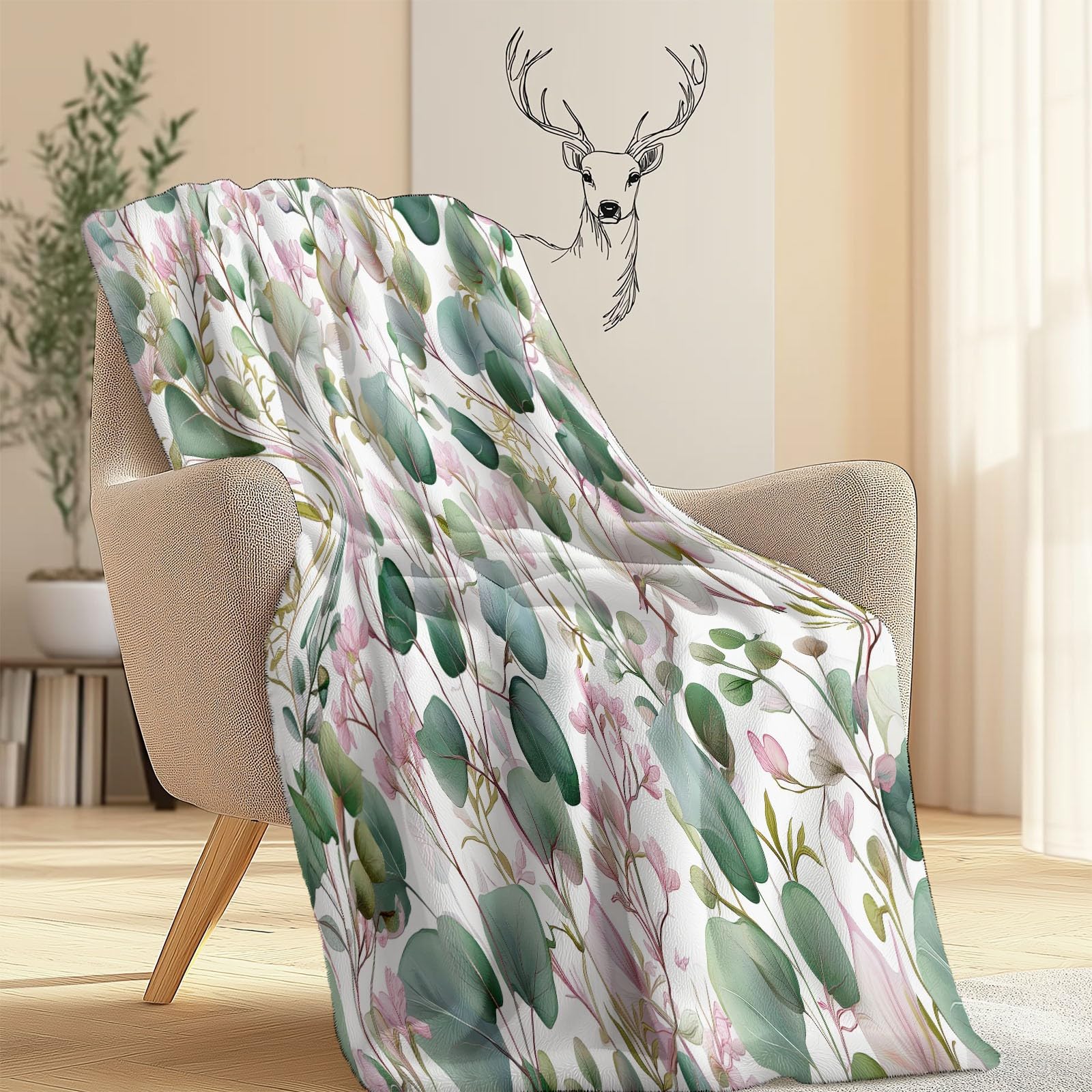 Verde Coperta in Pile di Flanella 200 x 220 cm - Acquerello Viti Fiori Morbida e Accogliente, Plaid Stampato per Divano Letto o Viaggio