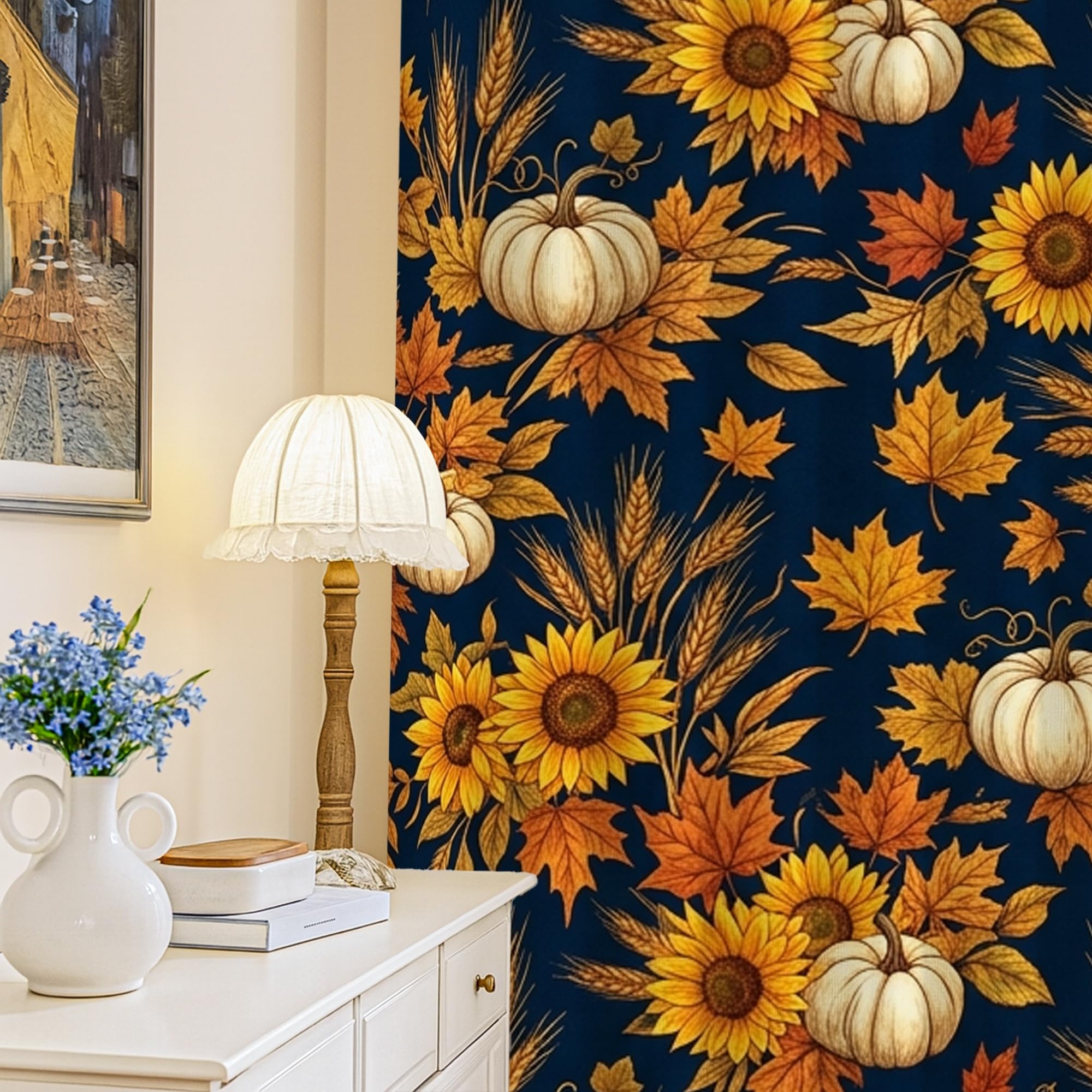 Rideau occultant bleu à motif tournesol et citrouille d'automne pour salon rustique 132x213 cm