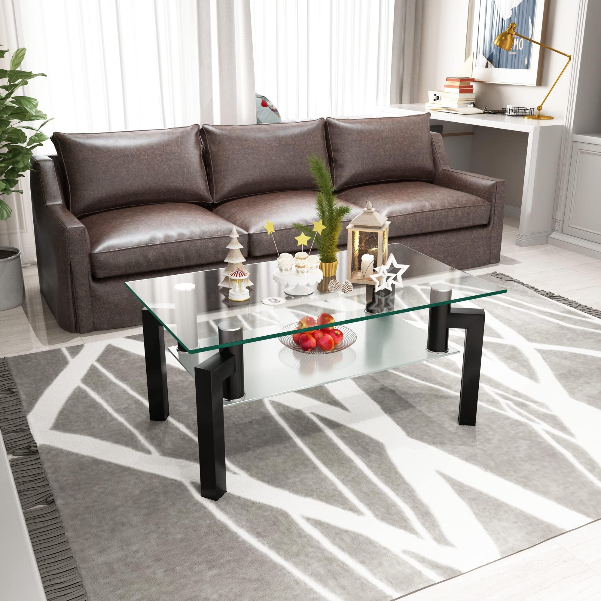 Glass Coffee Table, Modern End Table with Metal Legs, Glass Top Coffee Table for Living Room Black