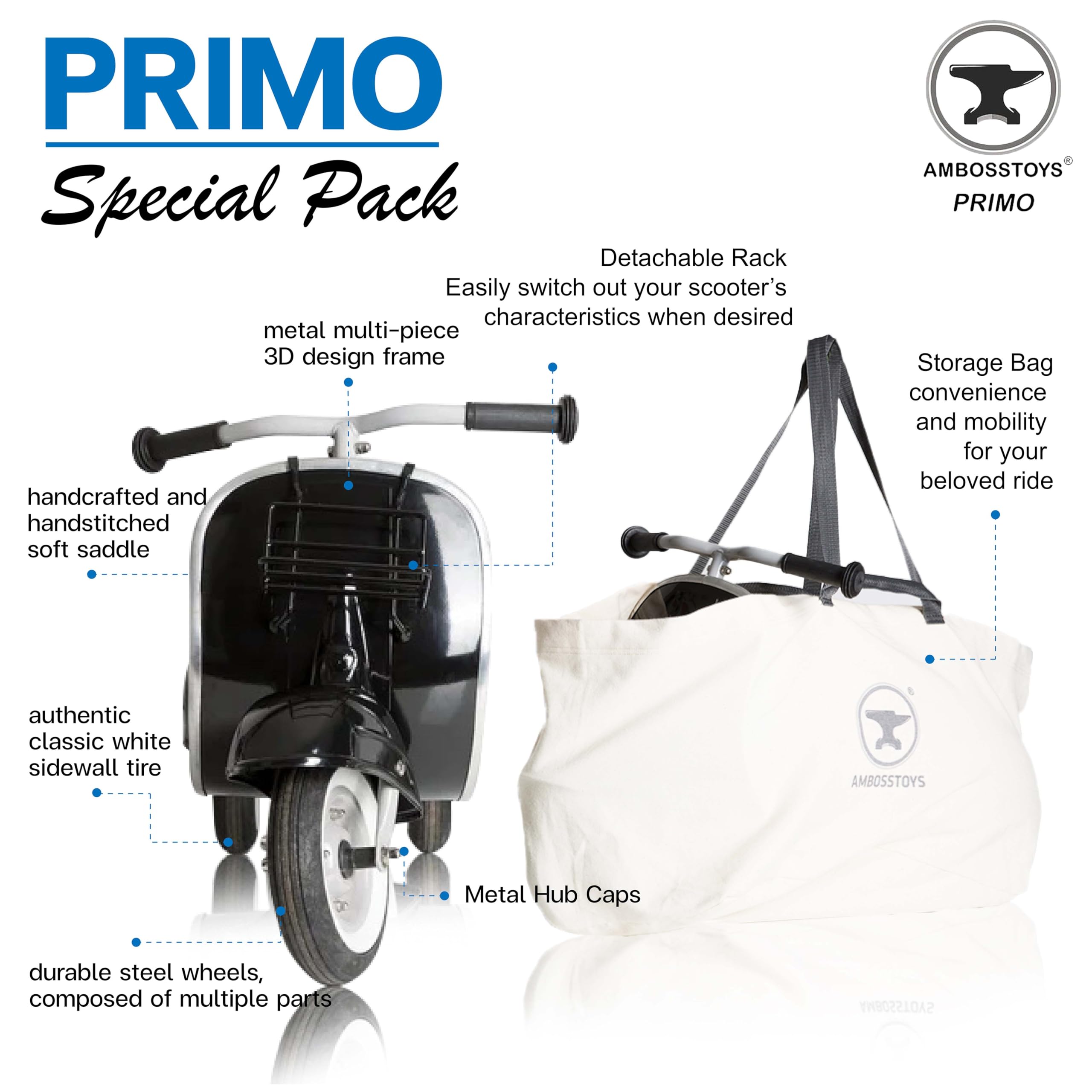 Ambosstoys Toddler Scooters for Boys and Girls Primo Super – Valuable and Timeless Design Kids Ride on Toys for 2 Year Old - 3-4 - 5 Year Olds, Collectors and Design Lovers (Black)