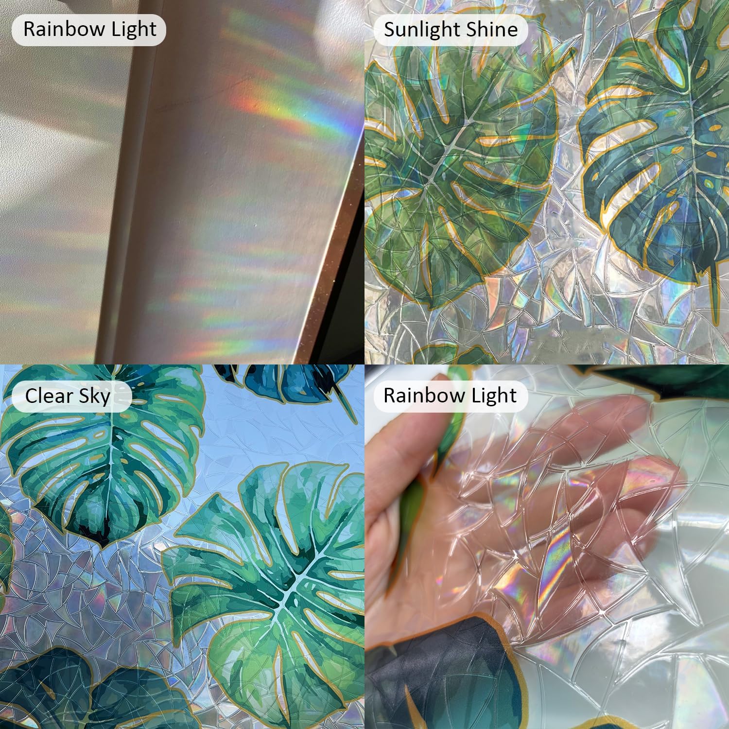 Rainbow Window Privacy Film Tropical Suncatcher Decorate Your Bathroom, Summer Monstera Leaves 29.52"X78.74"