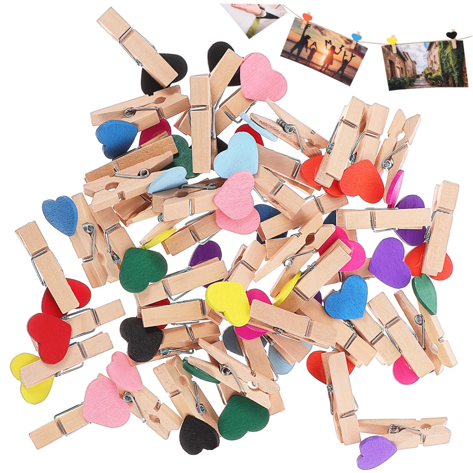 Yardenfun 100pièces Lot Pinces à Linge Bois Colorées Étoile Et Cœur Clips Photos Muraux Décoratifs Pour Organisation Et Épingles à Vêtements