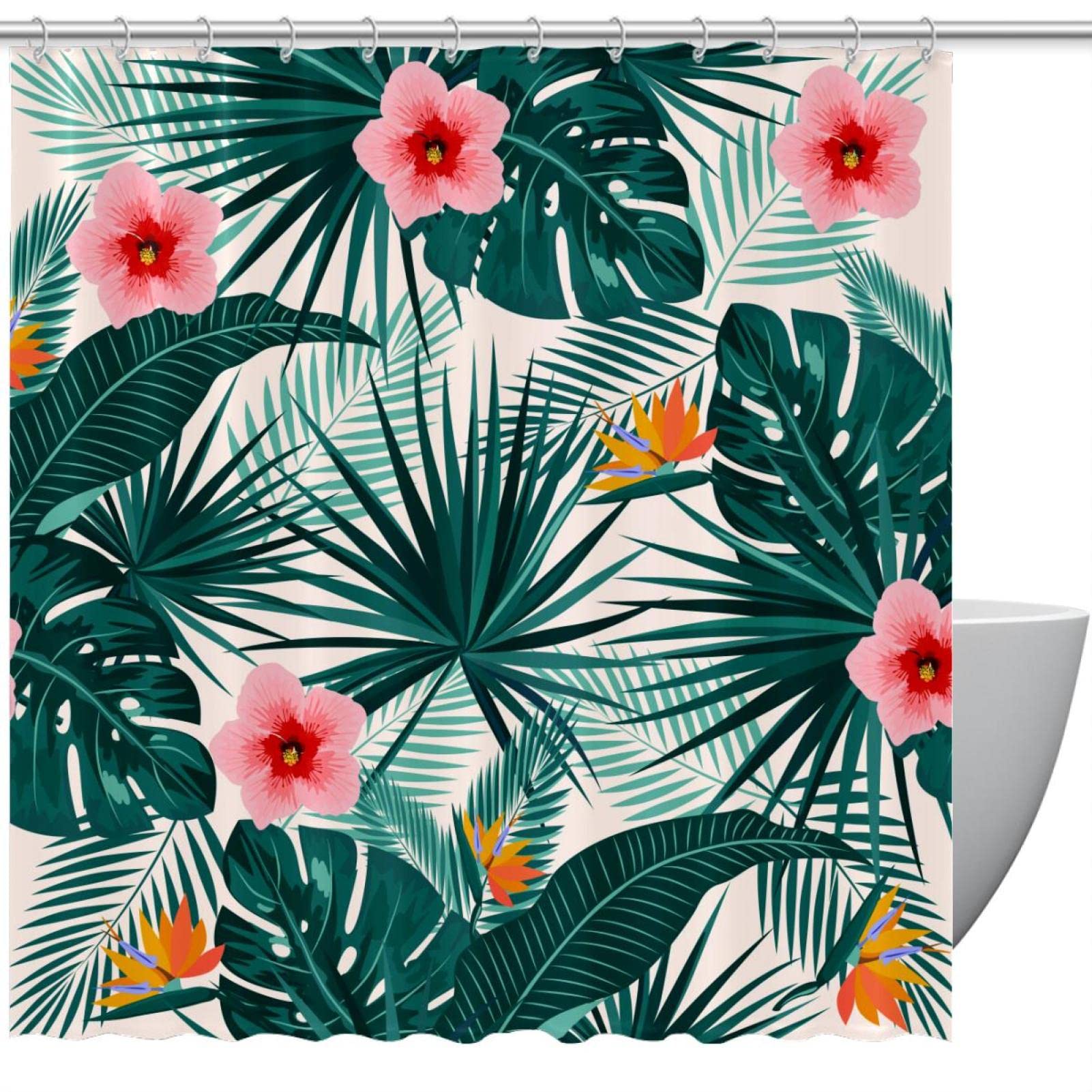 Rideau de douche floral tropical de 183 cm aux motifs de feuilles vertes et de palmier