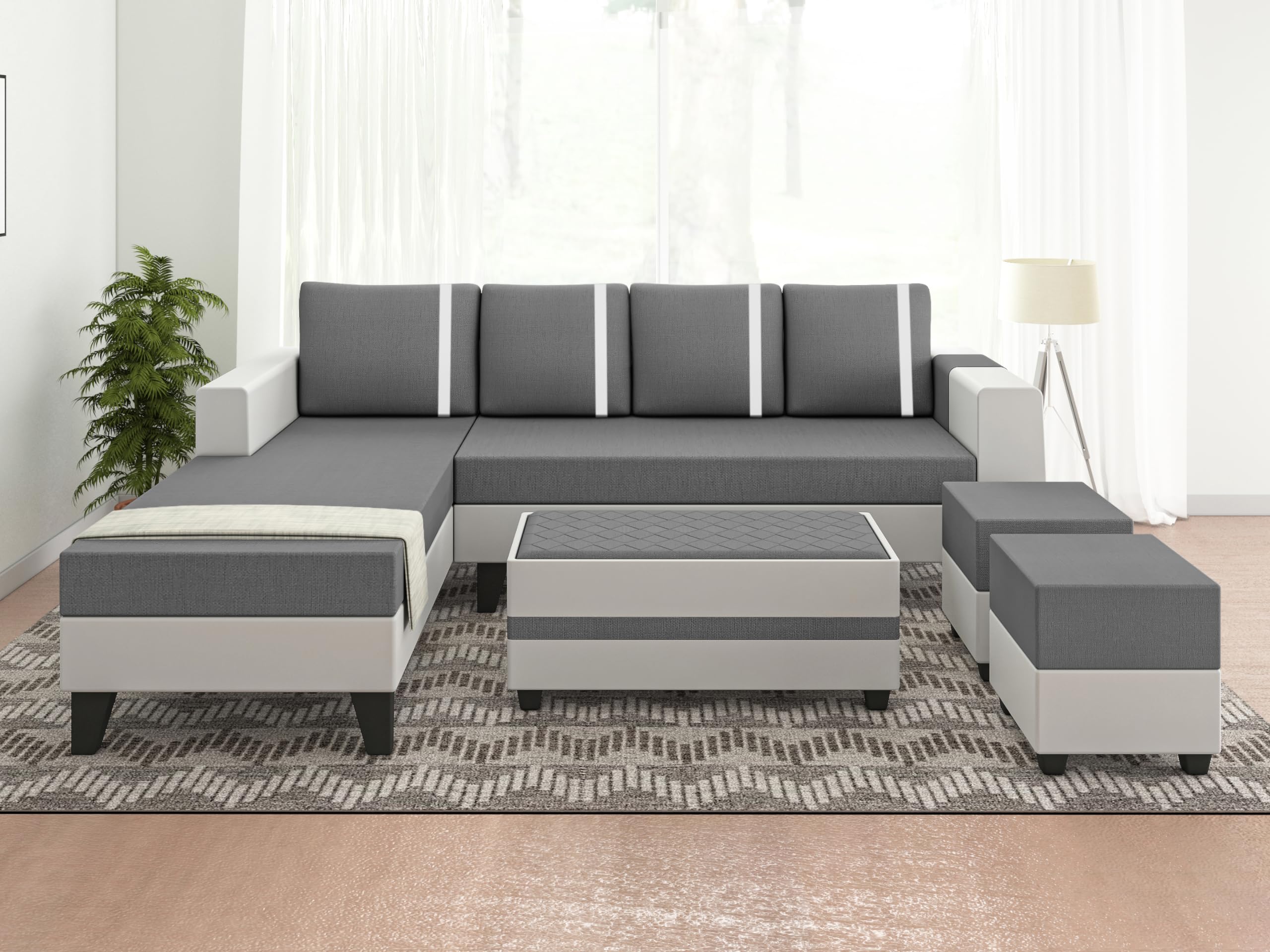 Adorn India Ashley Stripes Leatherette Fabric L Shape 8 Seater Sofa Set with 2 Ottoman Puffy & Center Table LHS (Grey & White) (3 Year Warranty)-image-11