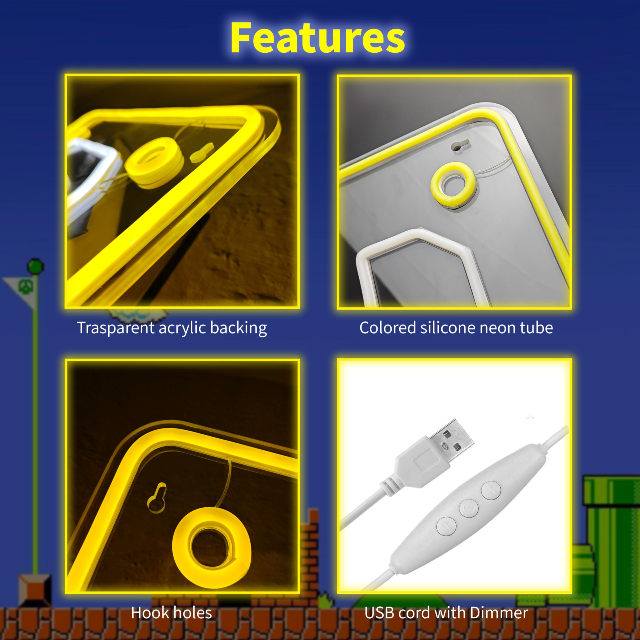 Letrero de neón de bloque de preguntas, luz LED de neón cuadrada de Mario alimentado por USB, luces de noche LED para decoración de pared de sala de juegos, cueva de hombre, decoración de habitación