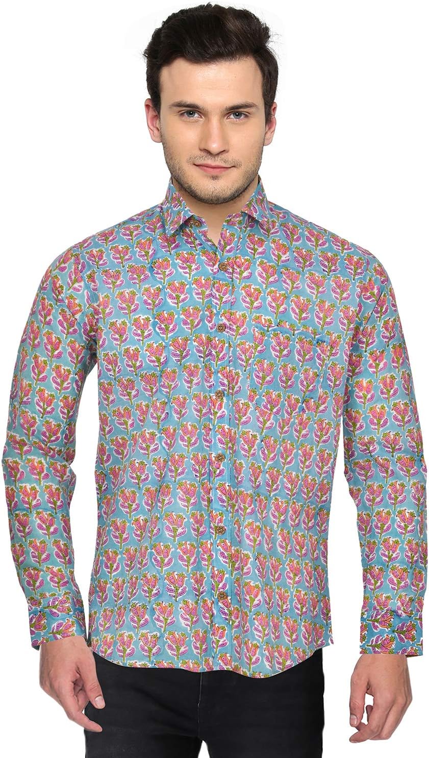 ColorZone Handblock Print Casual Shirt for Men | Natural Ecofriendly Color Handcrafted Shirts - Light Blue