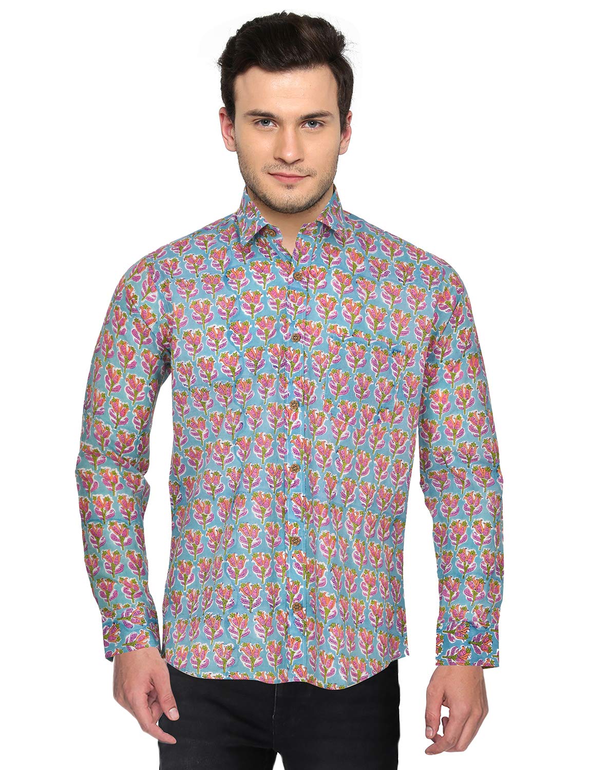ColorZone Handblock Print Casual Shirt for Men | Natural Ecofriendly Color Handcrafted Shirts - Light Blue
