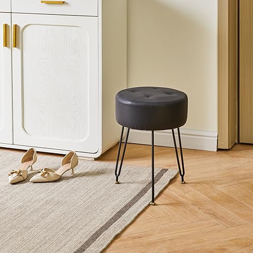 Miniatura 8 de IBUYKE Taburete redondo de cuero sintético, Taburete de tocador de maquillaje, Mesa auxiliar de tocador de maquillaje, Asiento de tocador de PUF,