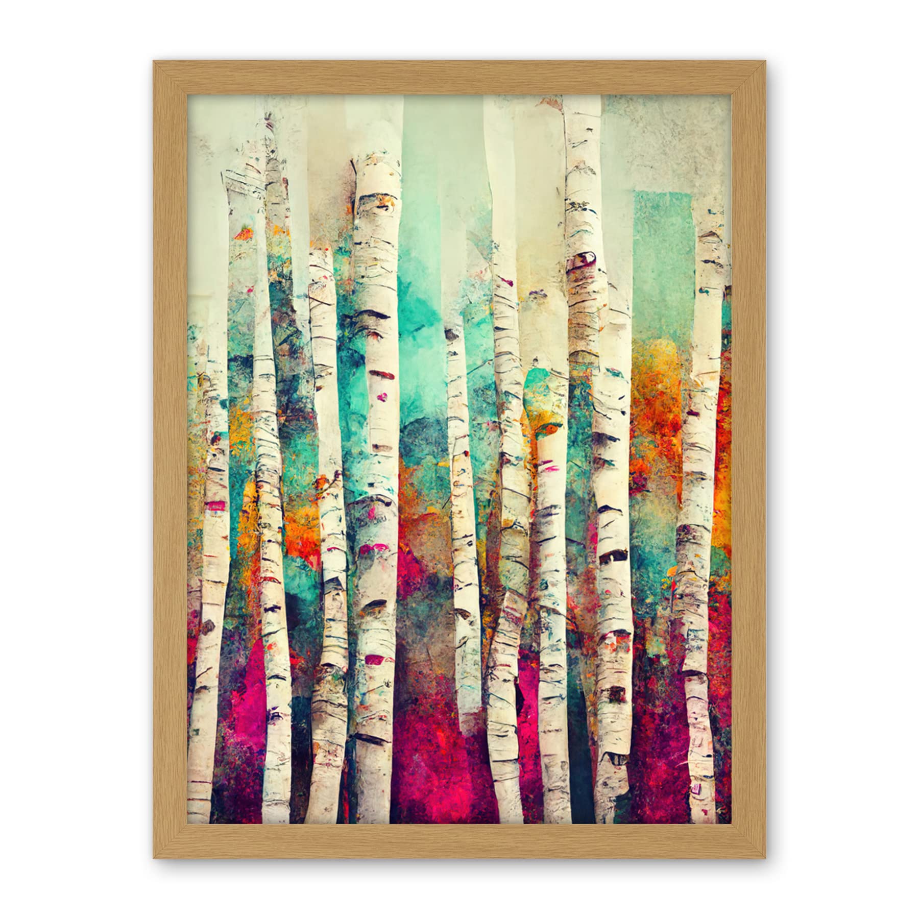 Wee Blue Coo Abstract Multi Coloured Birch Tree Forest Vibrant Colourful Oil Painting Artwork Framed Wall Art Print 18X24 Inch