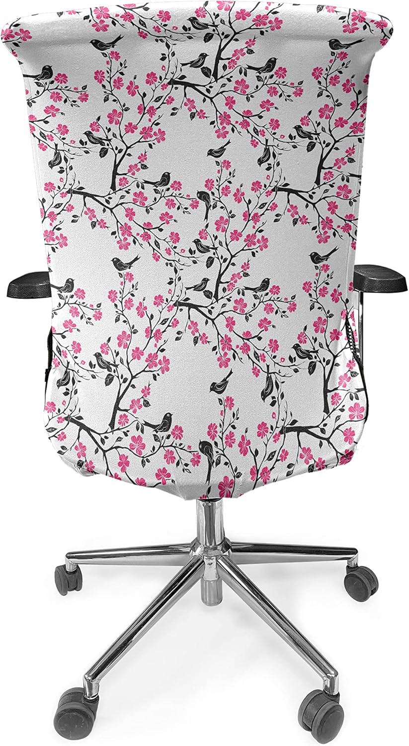 Ambesonne Cherry Blossom Office Chair Cover, Sakura Tree Flourishing Flowers and Birds Black Silhouettes, Stretchable Decorative Universal Size High Back Printed Slipcover, Black Hot Pink White