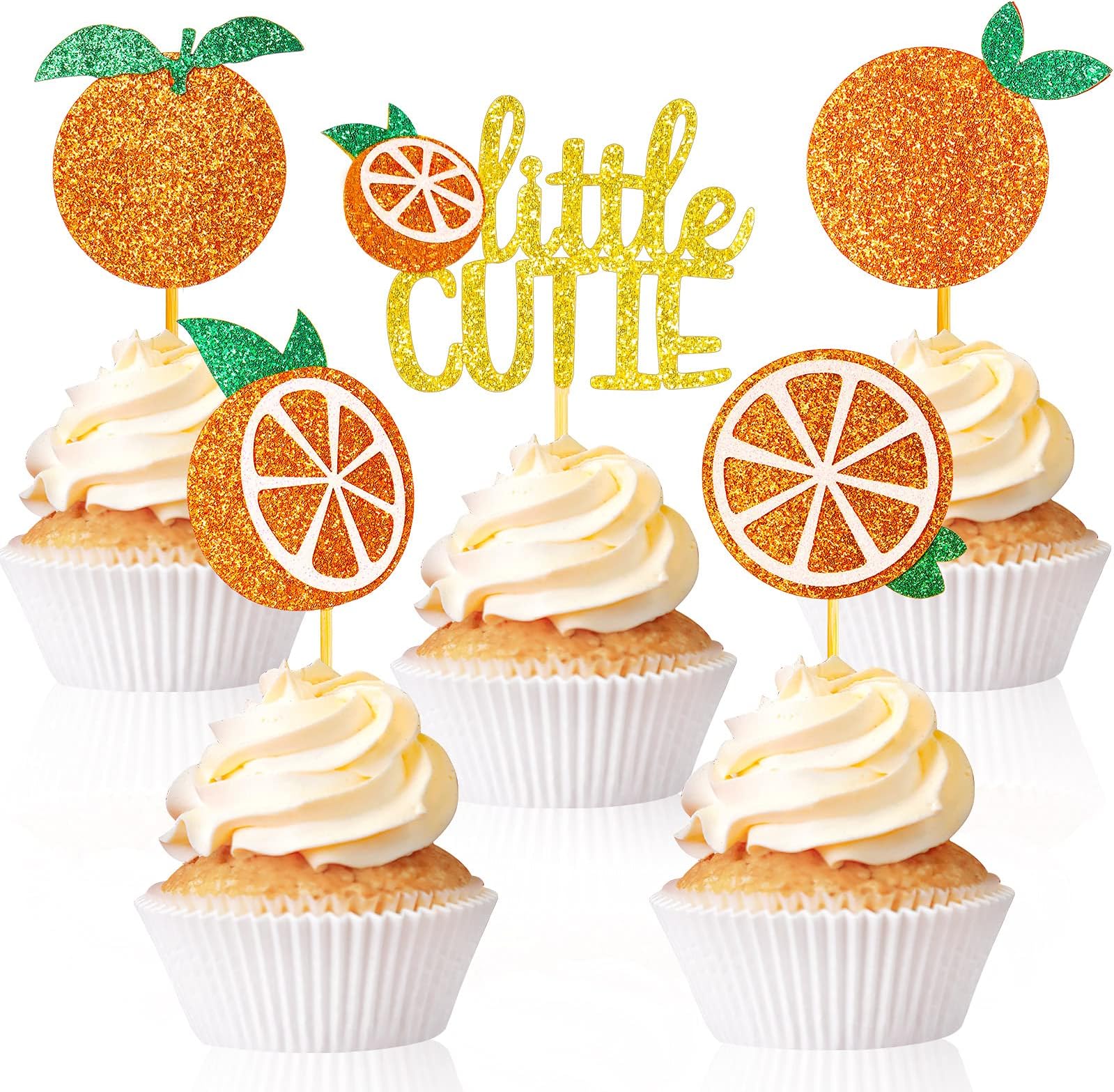 40 Pieces Little Cutie Cupcake Toppers 5 Styles Glitter Orange Cupcake Picks Shiny Citrus Theme Cupcake Decorations Orange Party Supplies for Baby Shower Summer Fruit Party Kids Birthday