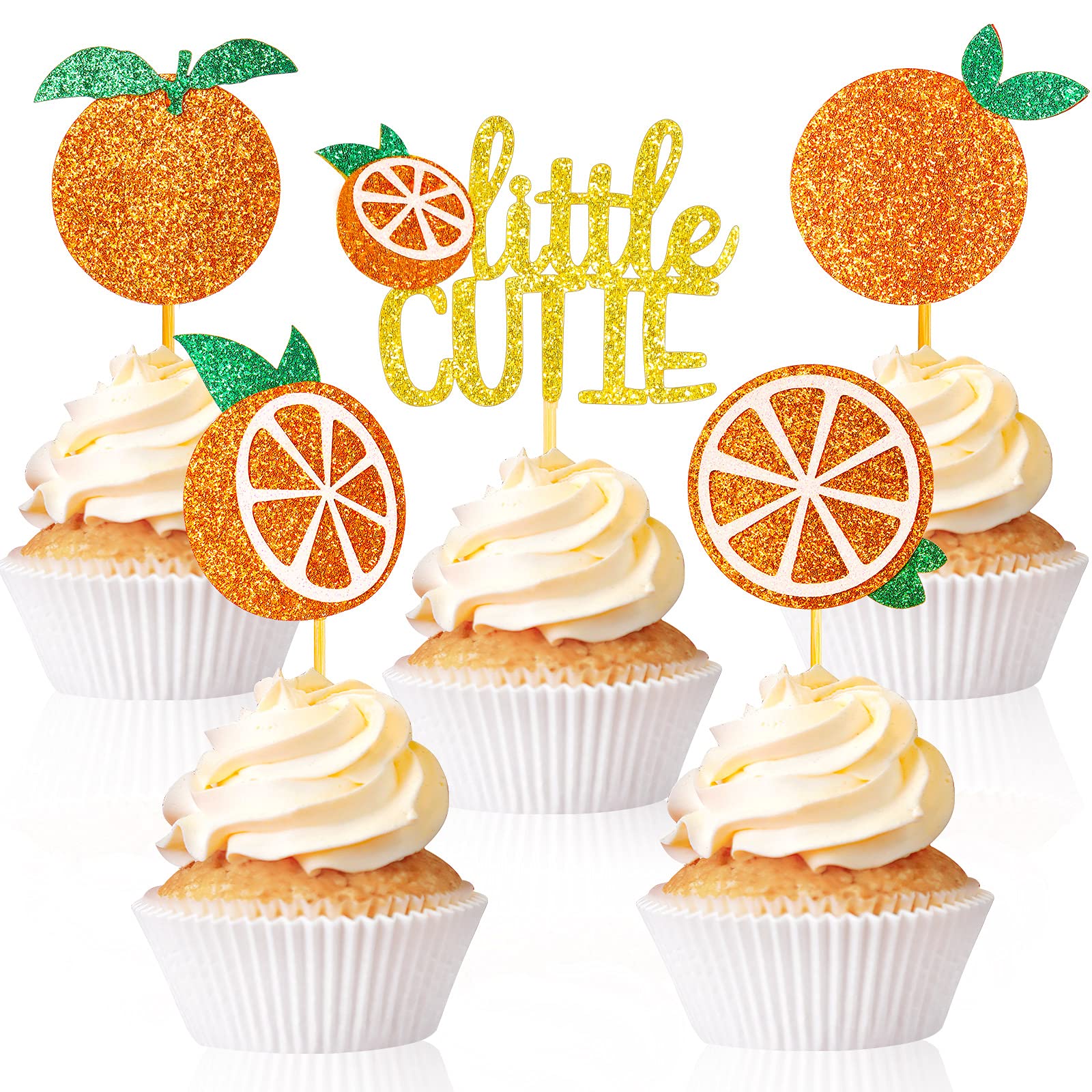 40 Pieces Little Cutie Cupcake Toppers 5 Styles Glitter Orange Cupcake Picks Shiny Citrus Theme Cupcake Decorations Orange Party Supplies for Baby Shower Summer Fruit Party Kids Birthday