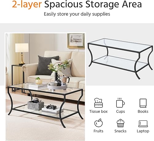 Miniatura 8 de Yaheetech Mesa de centro de cristal, mesa de centro negra de 2 niveles con estante de almacenamiento, mesa central rectangular moderna con tapa de